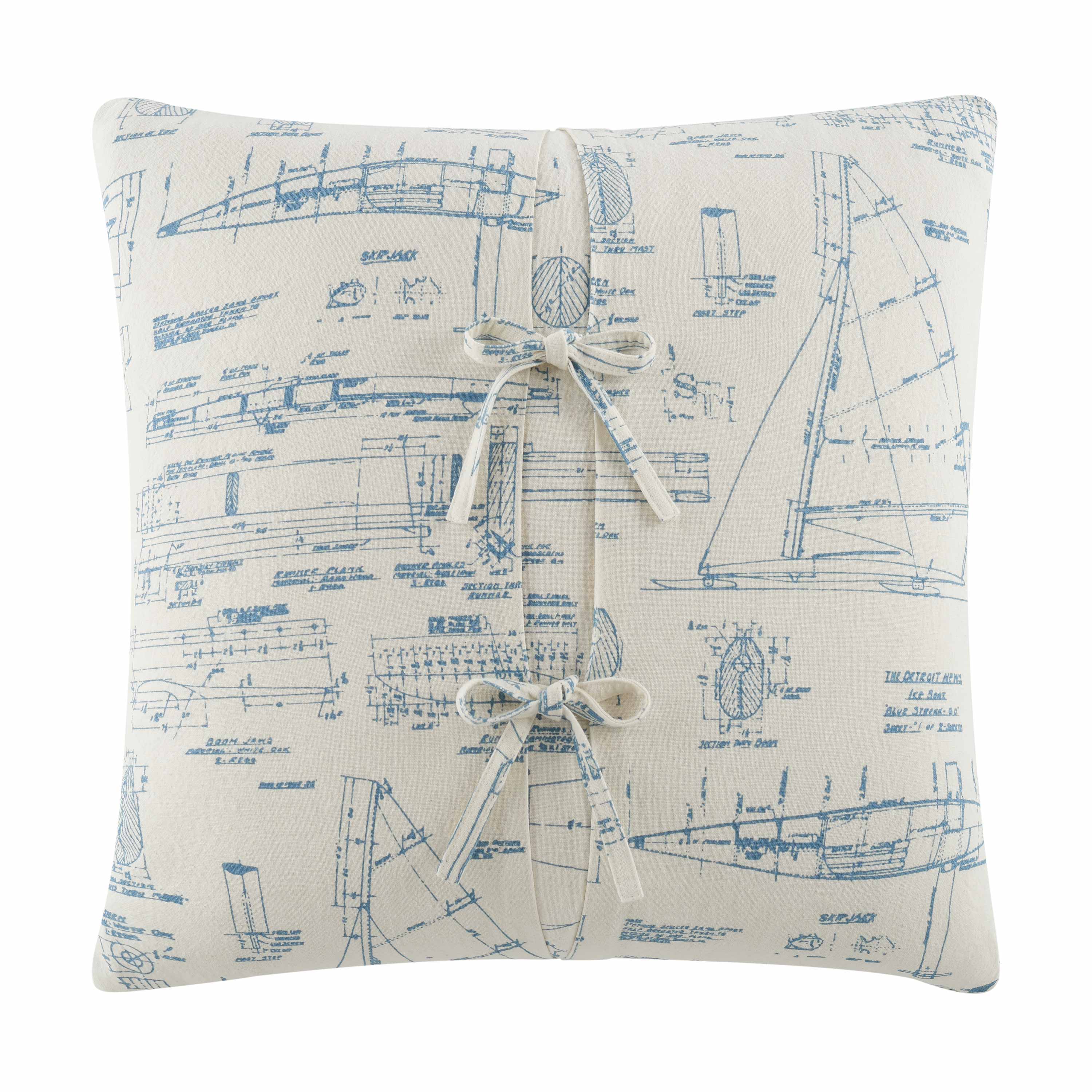 Square ivory decorative pillow featuring blue nautical sketches and two fabric ties on the front.