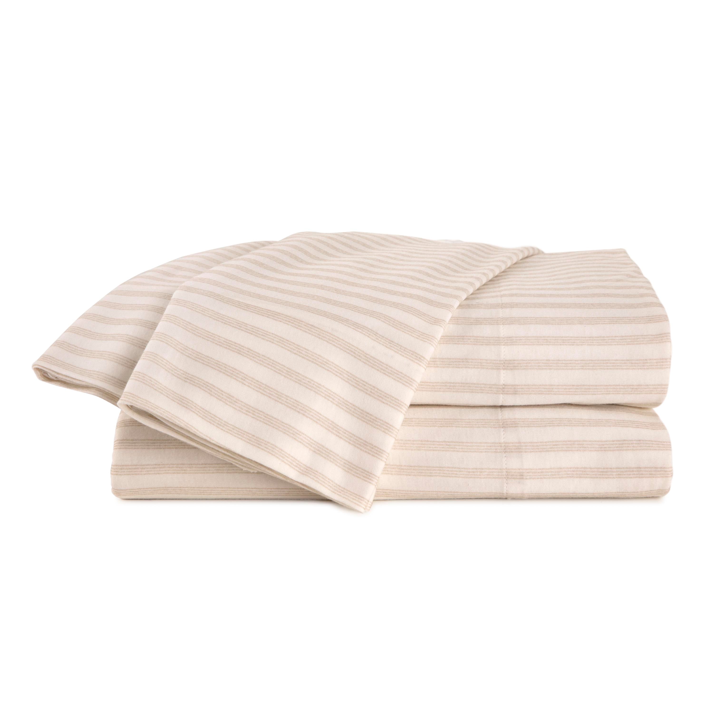 Soft taupe sheet set with a subtle striped pattern, neatly folded.