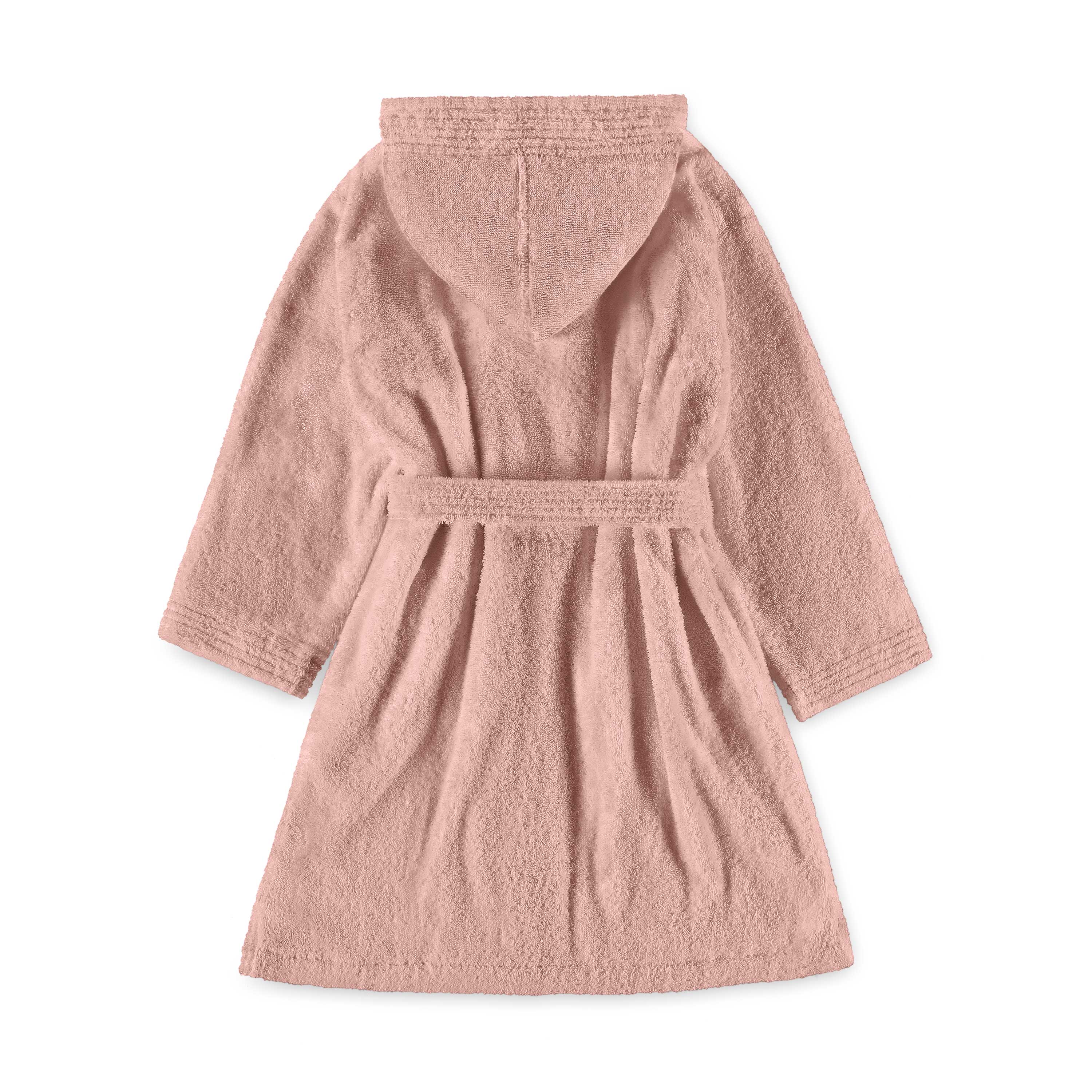 Hooded bath robe in soft pink with a tie belt and long sleeves, featuring a textured fabric.