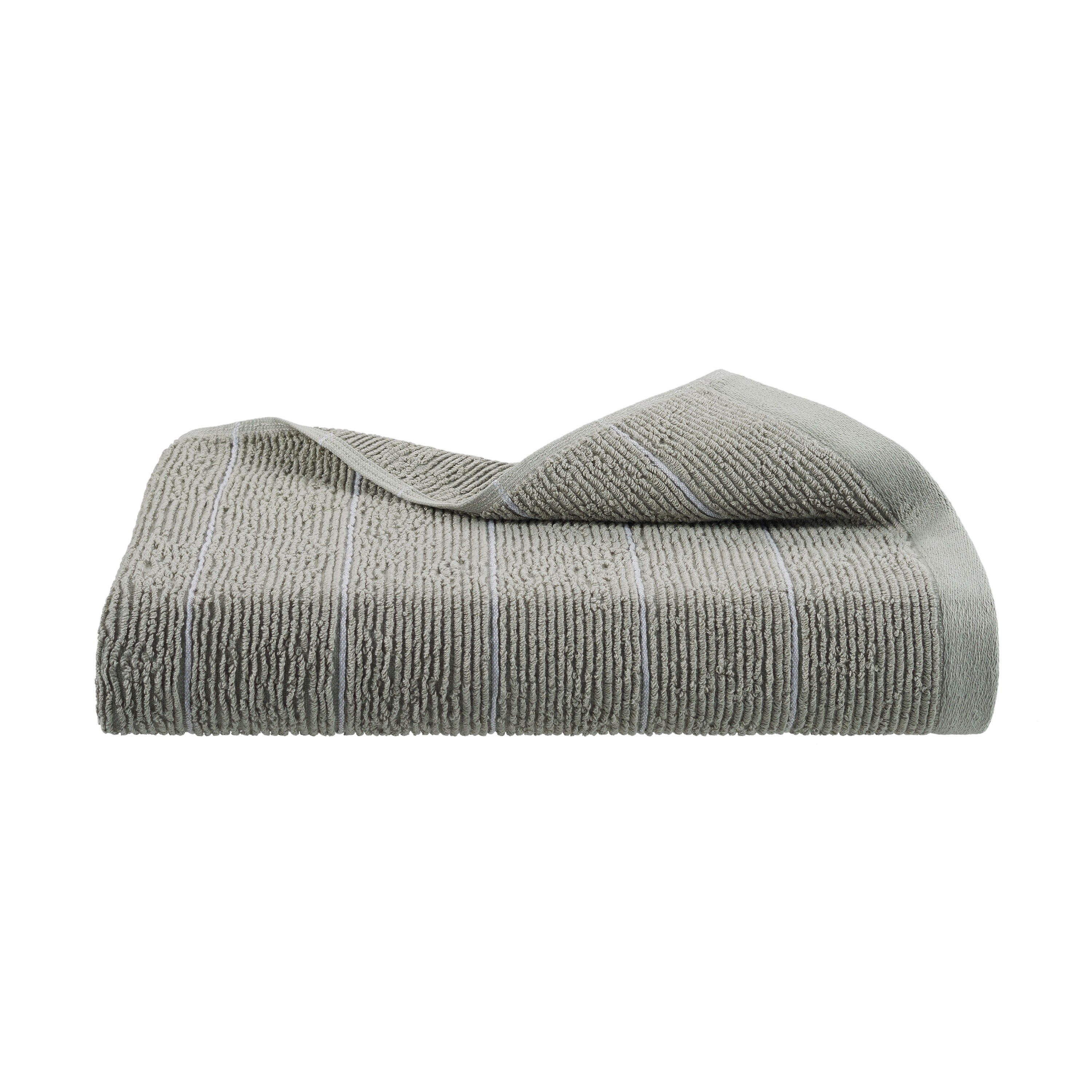 Gray towel with a textured surface and subtle striped pattern.
