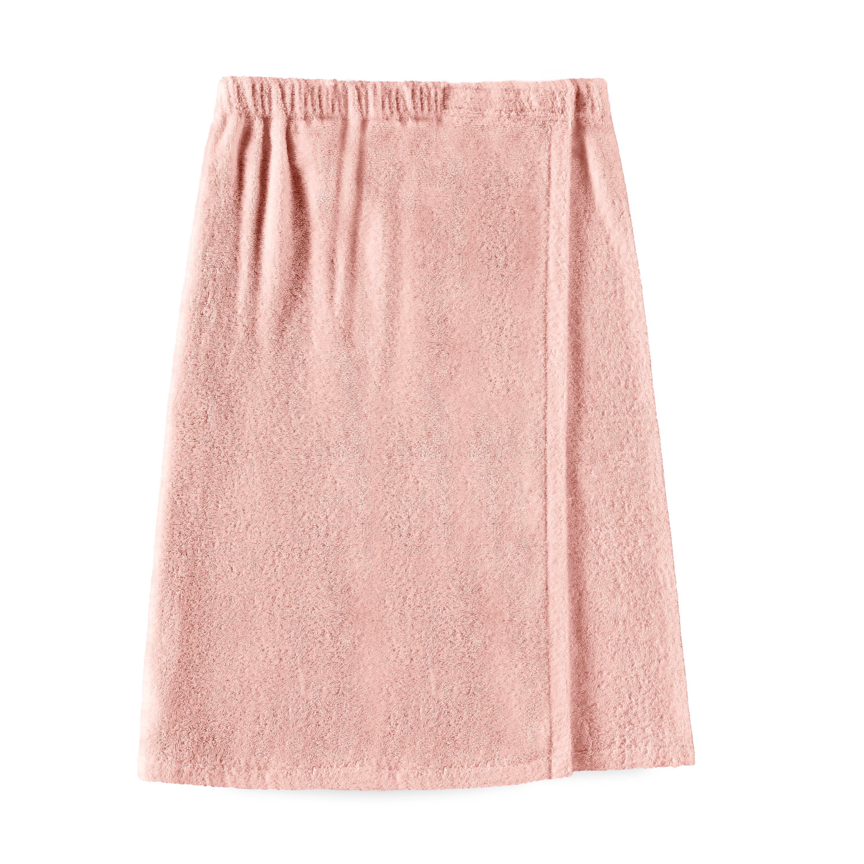 Pink shower wrap with an elastic waistband and textured fabric.