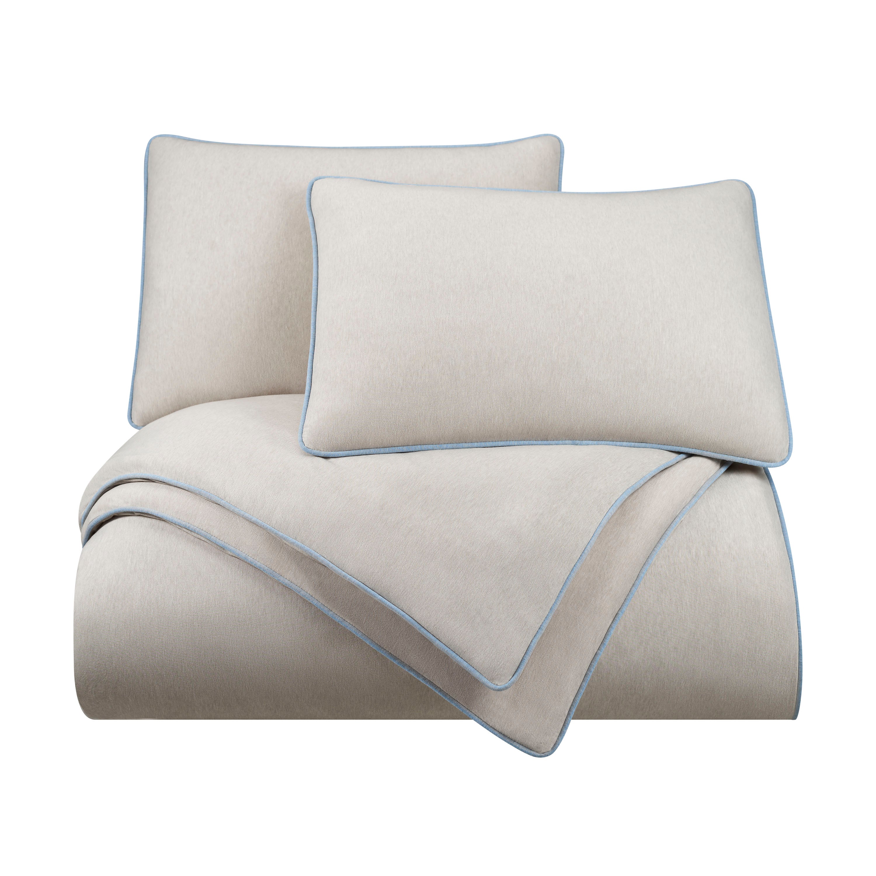 Beige comforter set with blue trim and two matching pillow shams.