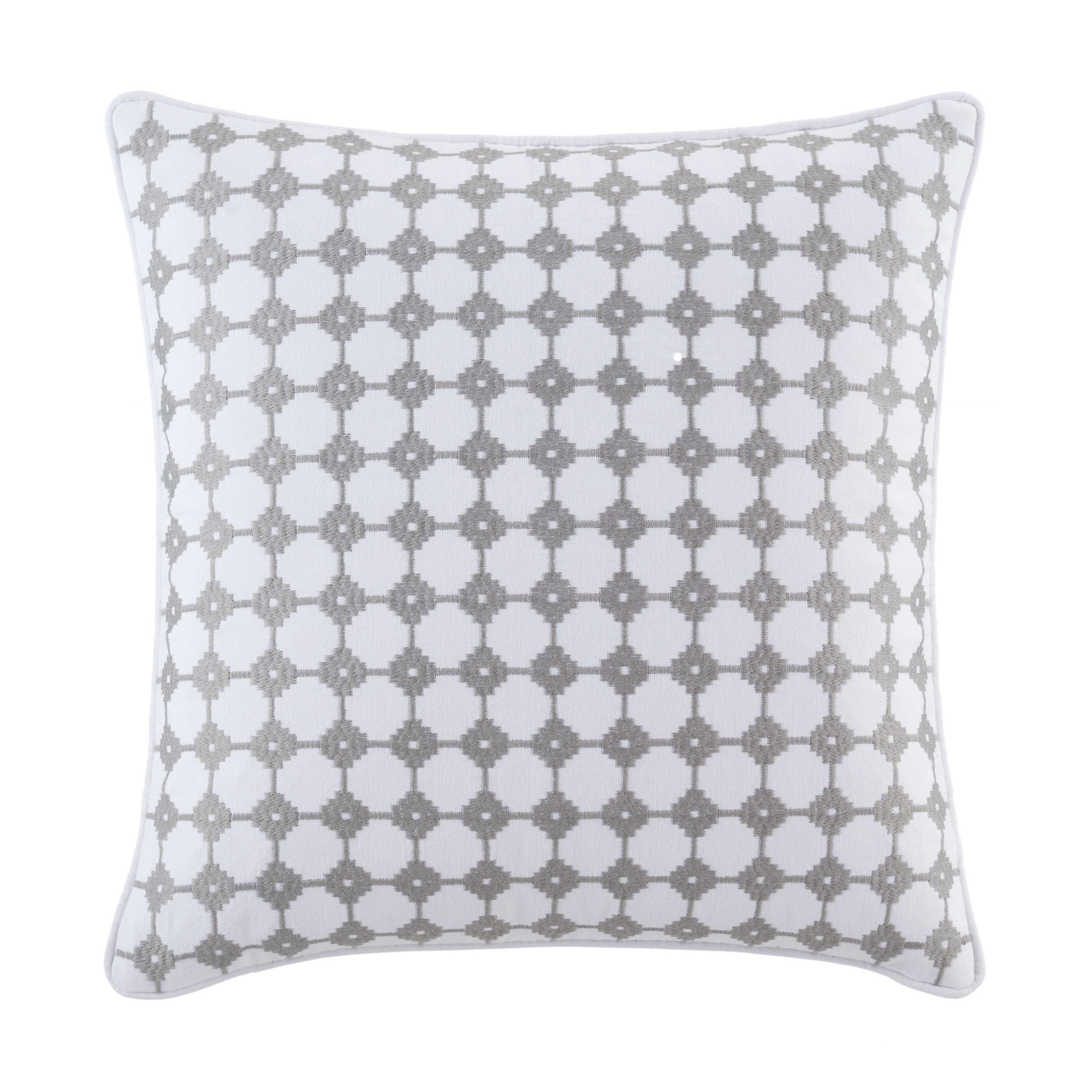 Square decorative pillow featuring a white background with gray geometric embroidery pattern.