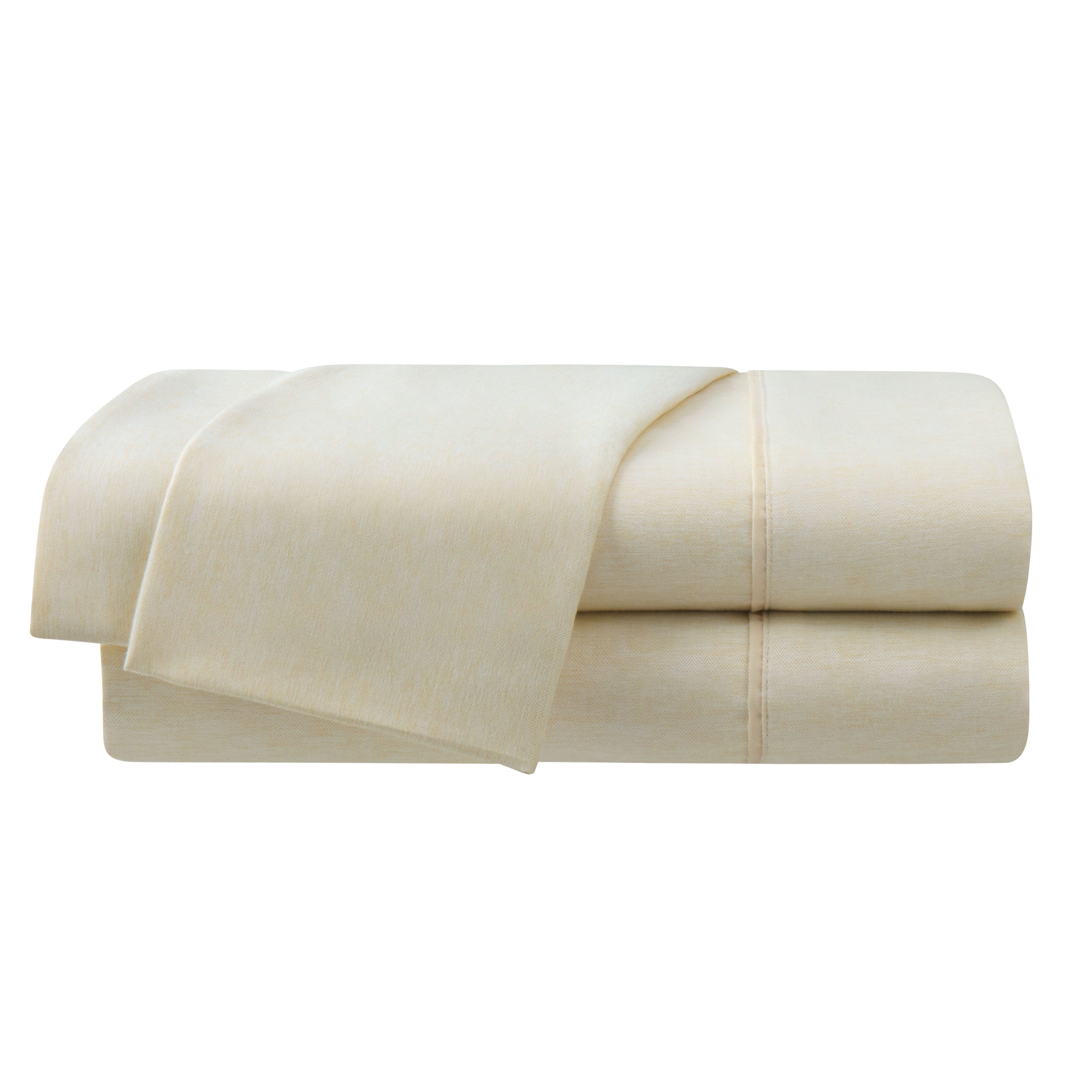 Light yellow herringbone sheet set with a smooth texture, featuring folded edges and visible stitching.