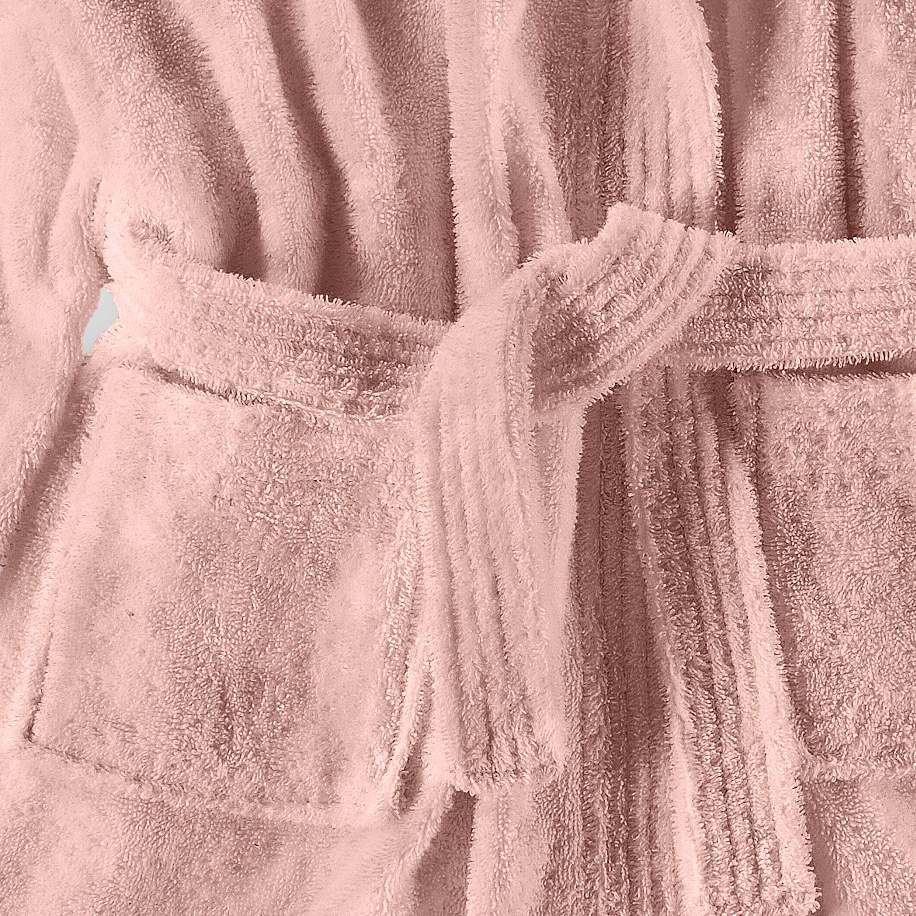 Hooded bath robe in soft pink fabric with a tied belt and front pockets.