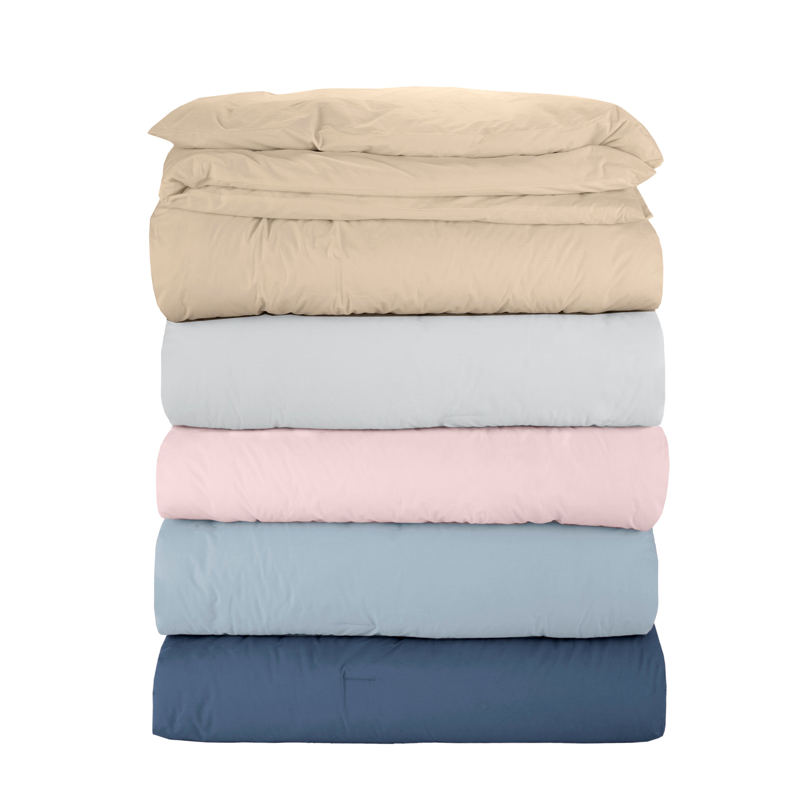 Stack of six duvet covers in beige, light gray, pink, light blue, and dark blue colors.