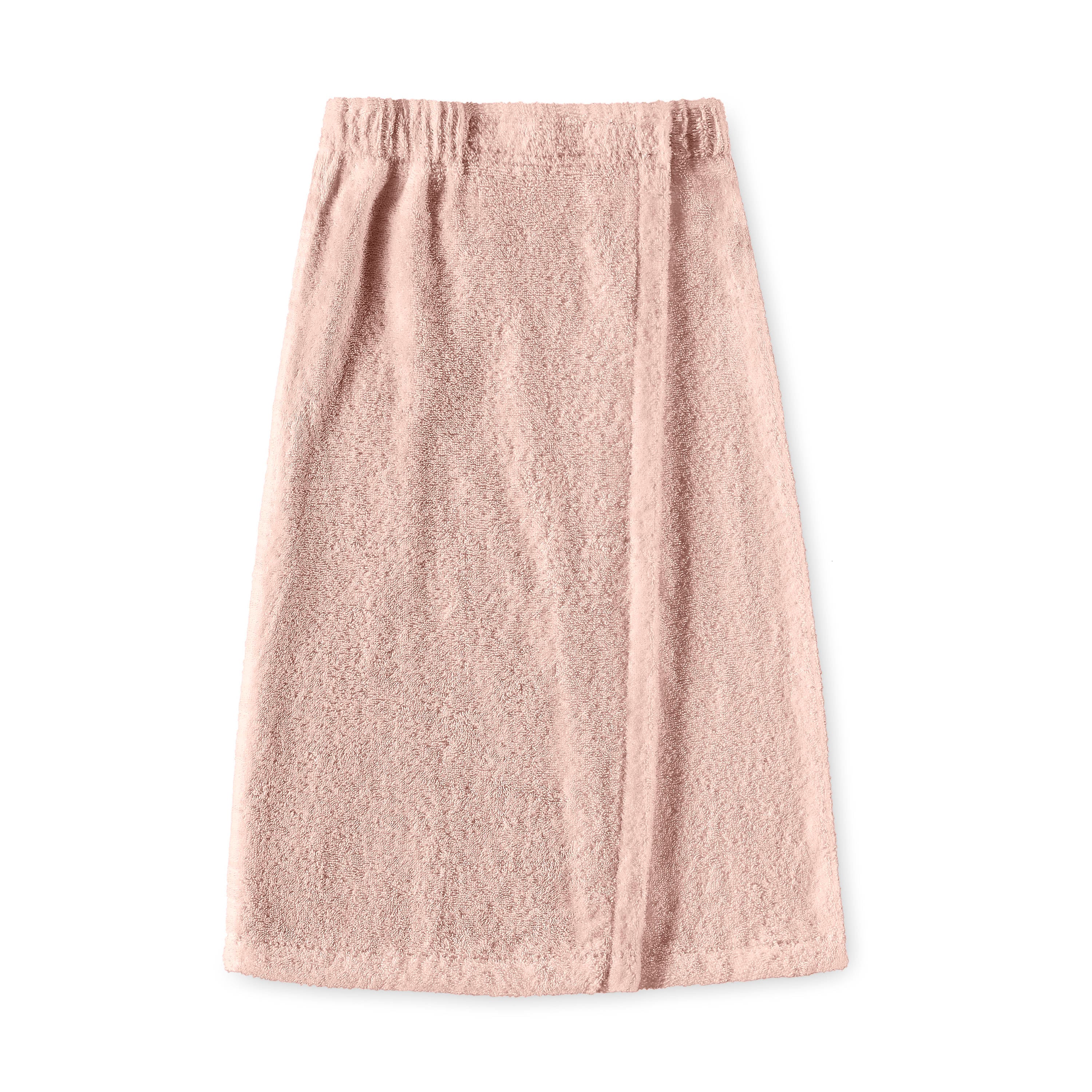 Soft pink youth shower wrap with an elastic waistband and textured fabric.