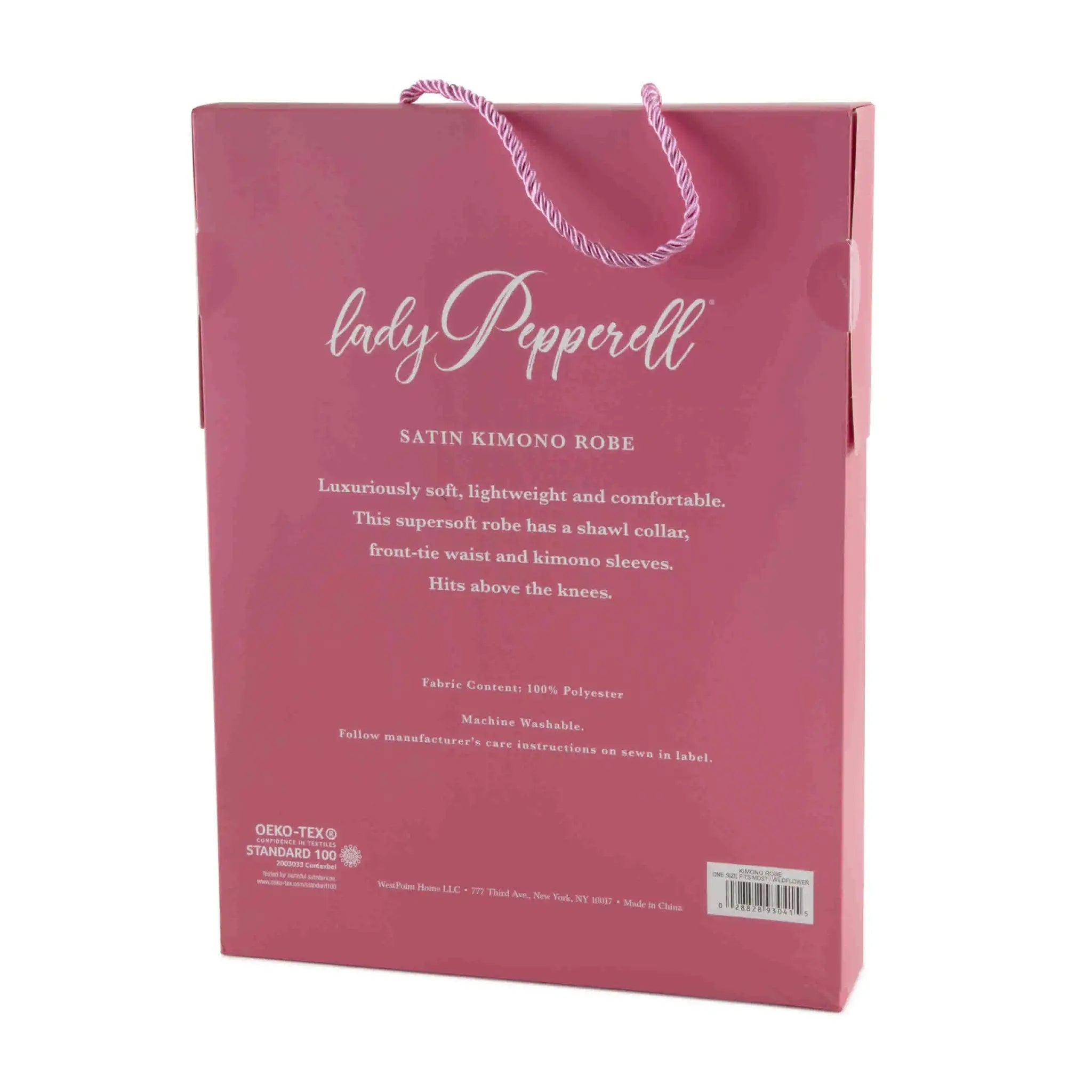 A pink gift box with a matching pink paper handle, featuring the brand name 'Lady Pepperell' and product details for a satin kimono robe, on a white background.