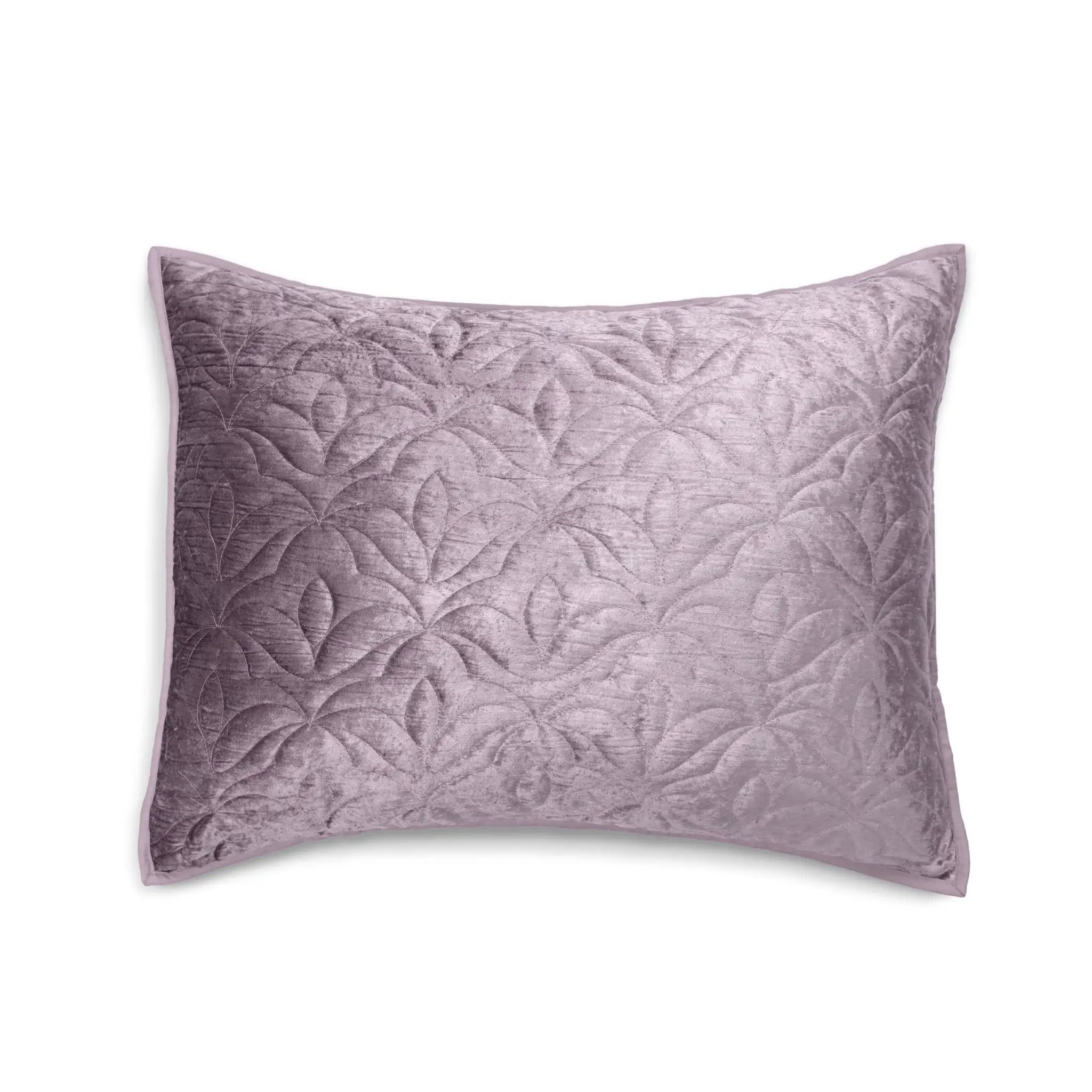 A rectangular purple pillow sham with an embossed floral pattern, shown against a plain white background