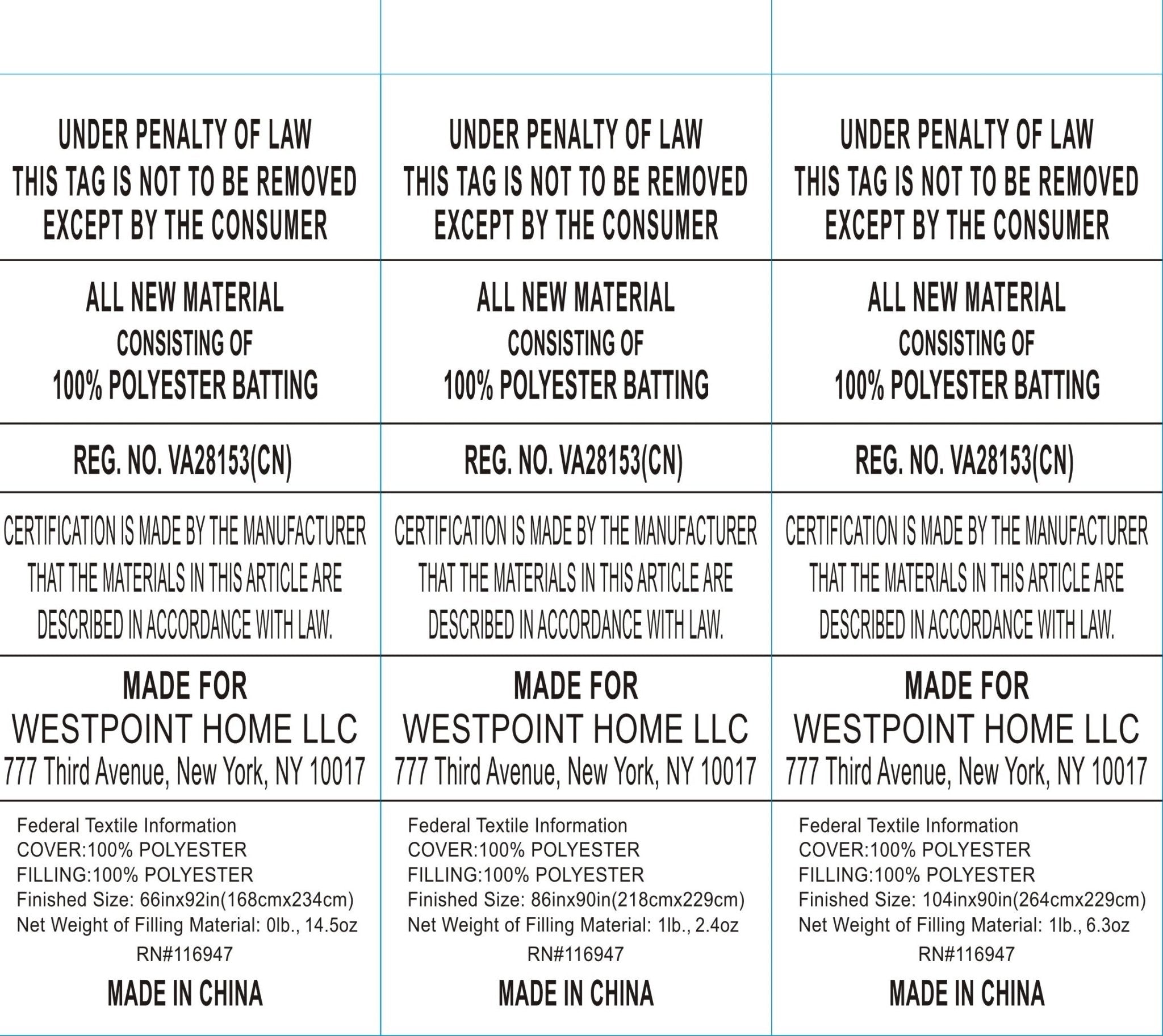 Multiple labels with text and branding for Westpoint Home LLC on a white background