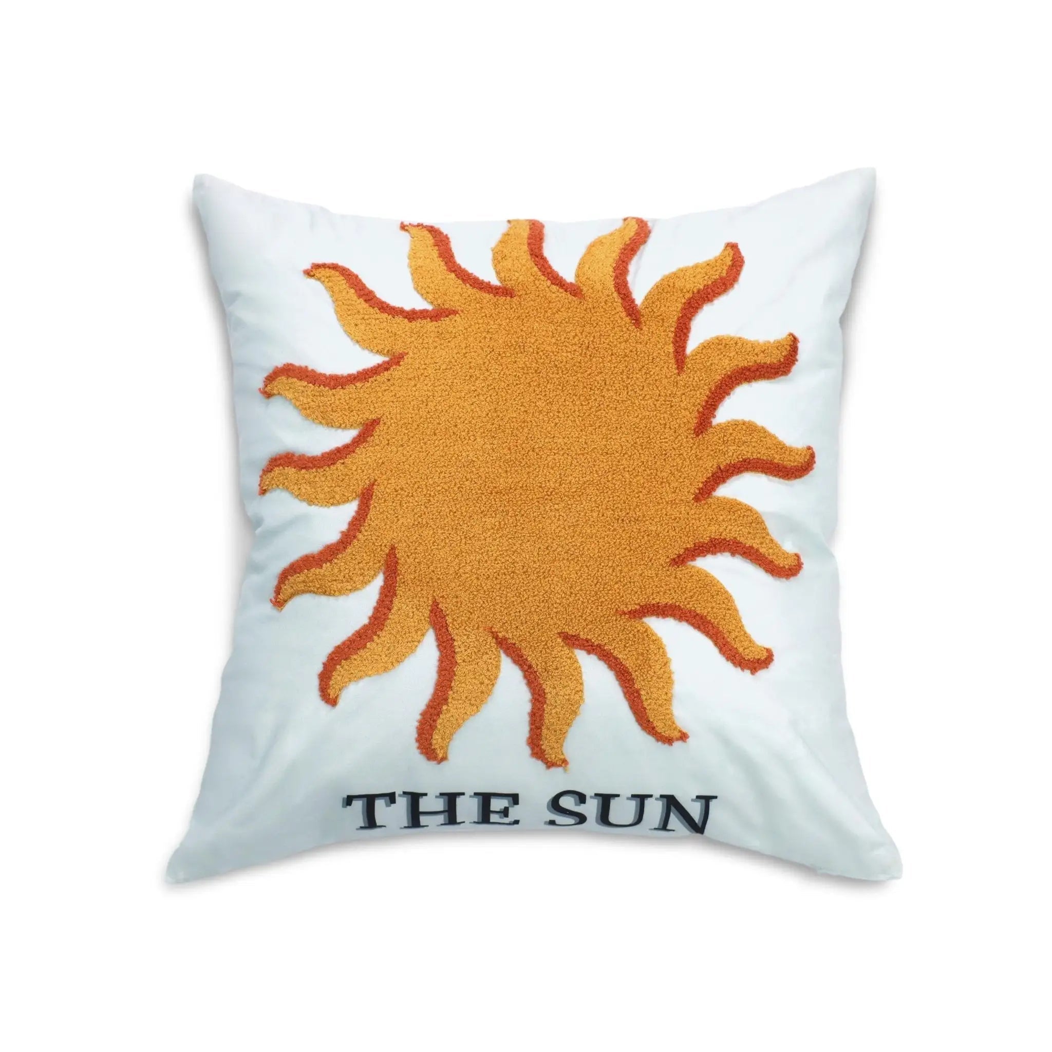 Pillow with a sun design and 'THE SUN' text on a white background
