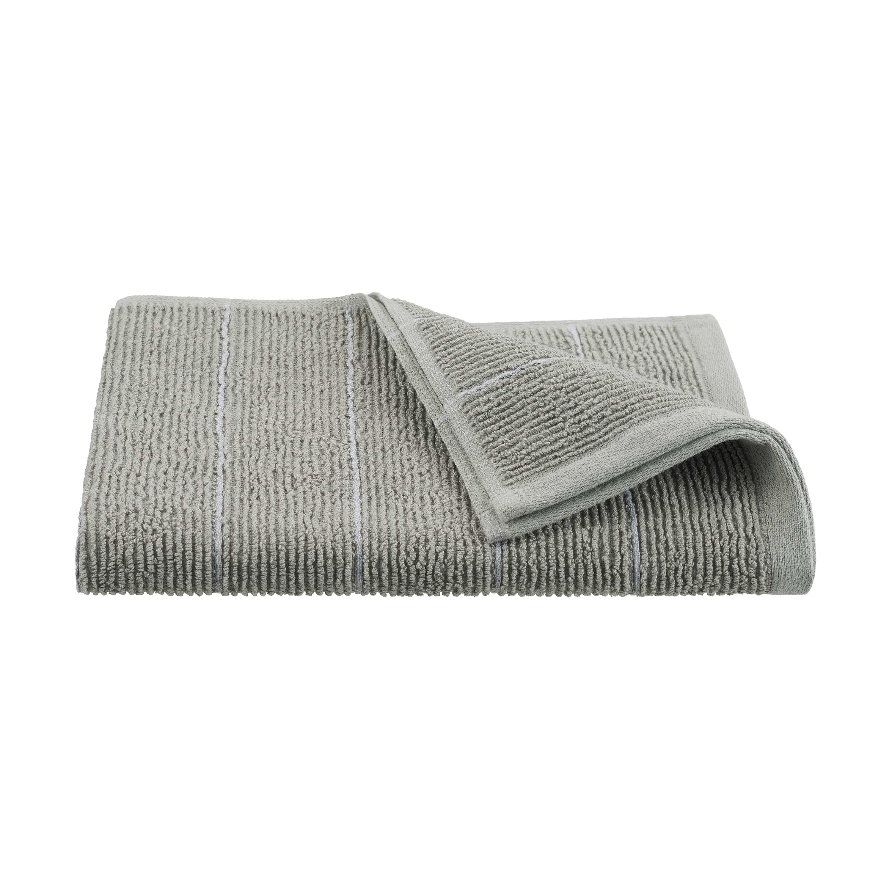 Gray towel with slub stripe texture and a folded corner, featuring light blue accent stripes.
