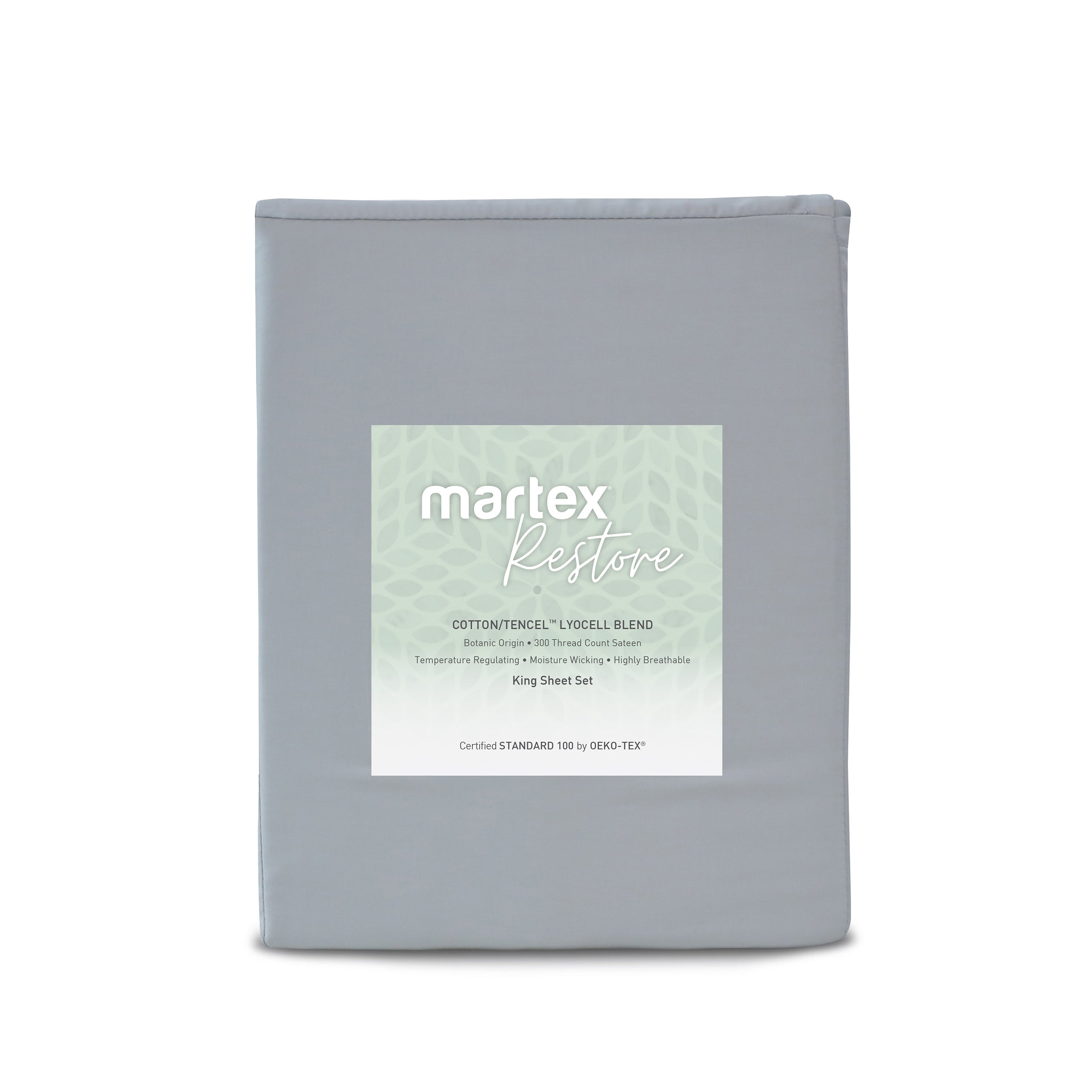 Gray king sheet set with a label detailing cotton and Tencel blend, 300 thread count, and care instructions.