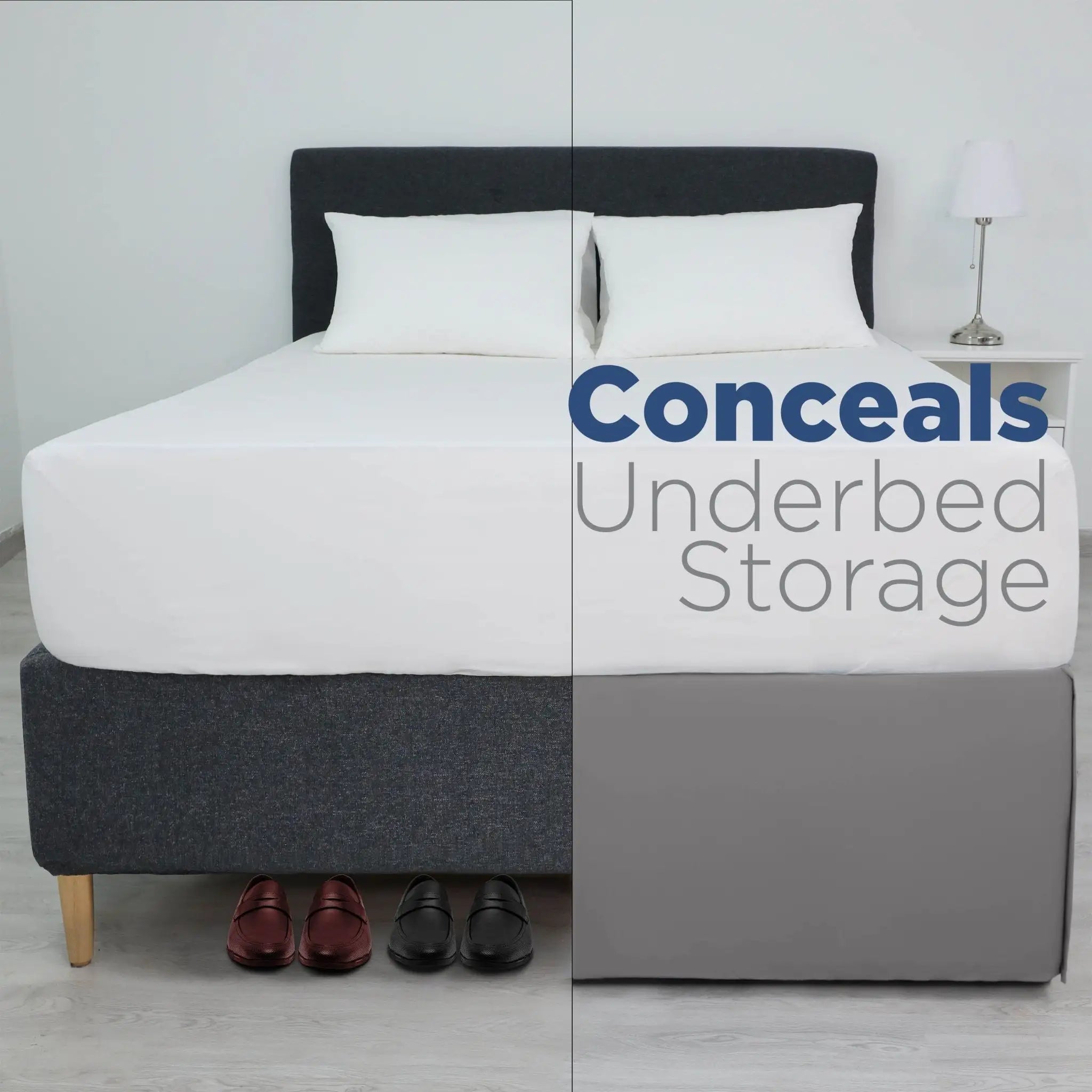 Grey Bed skirt with underbed storage labeled 'Conceals Underbed Storage'.