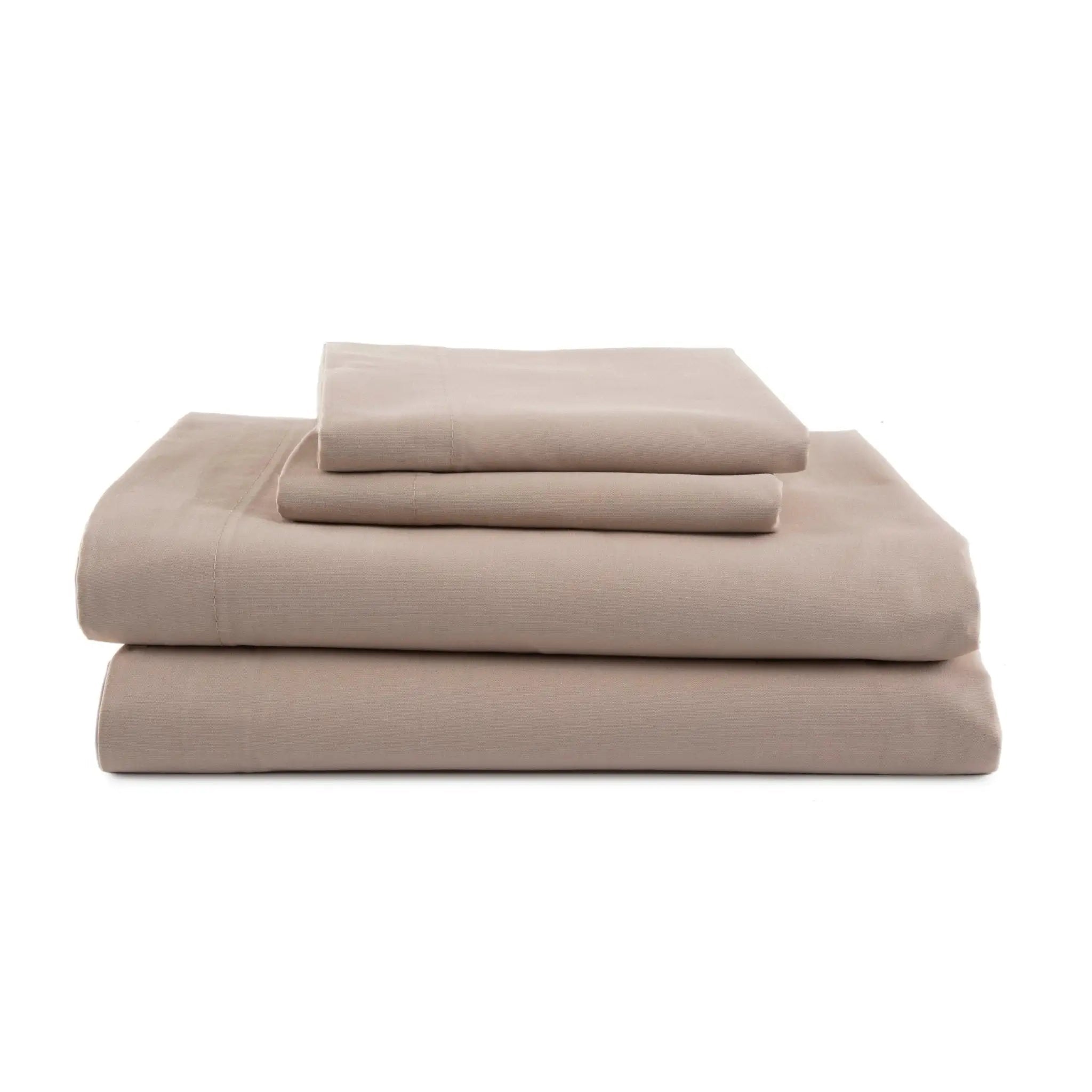 Beige bed sheets set on a white background