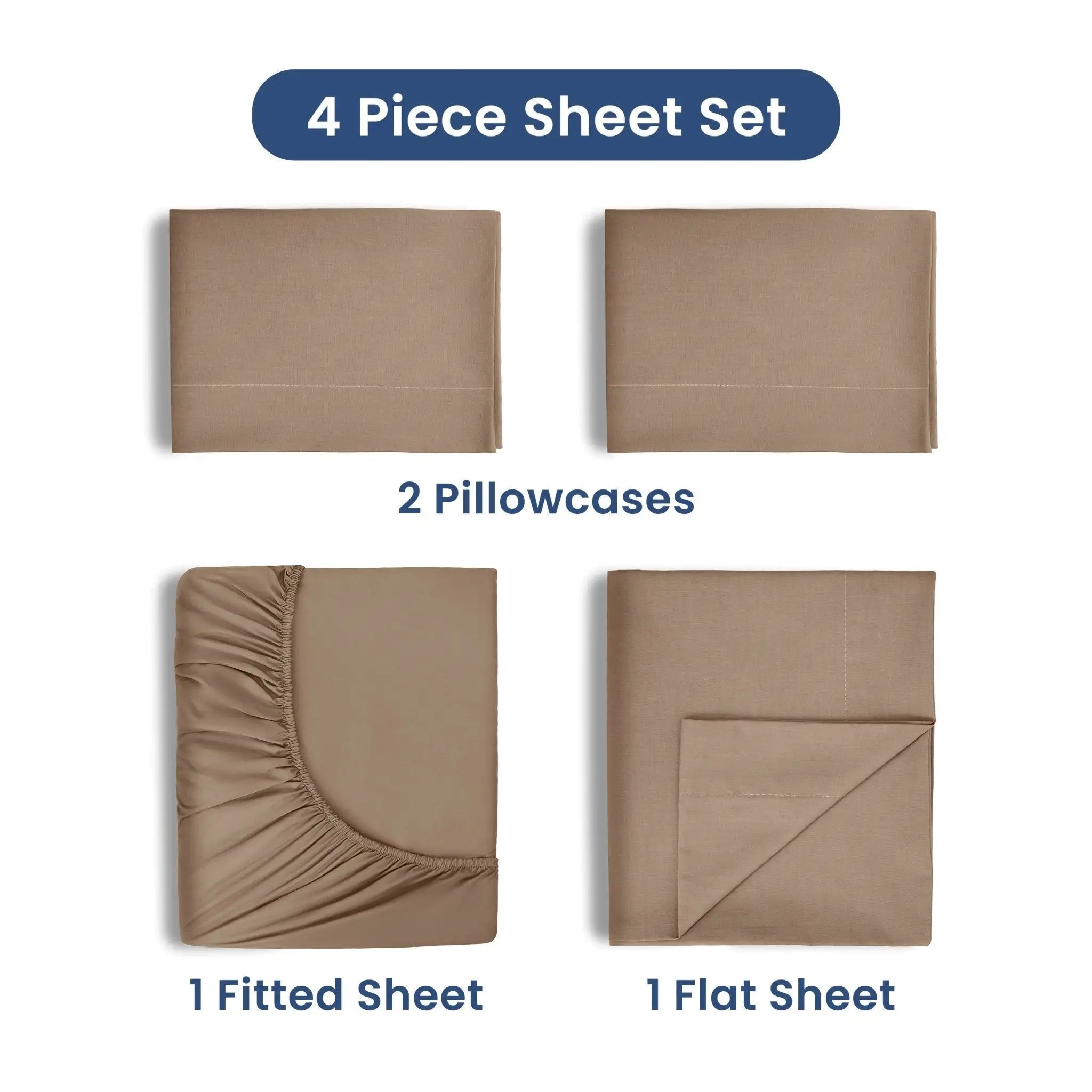 4-piece sheet set with two pillowcases, a fitted sheet, and a flat sheet on a white background.