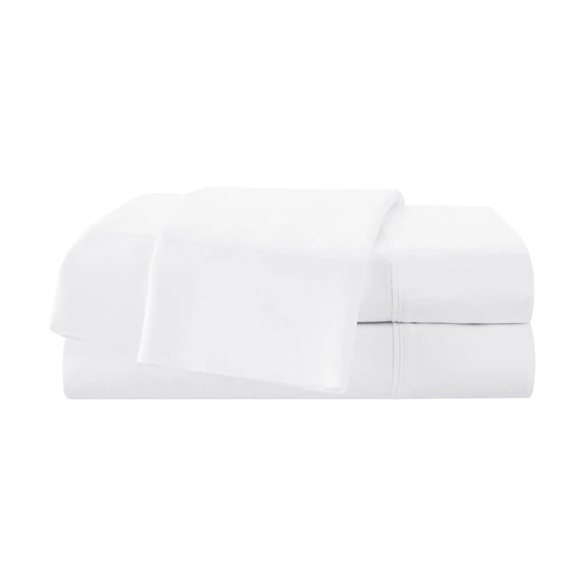 A neatly folded stack of white bedding, likely including a sheet set or folded towels, shown against a solid white background.
