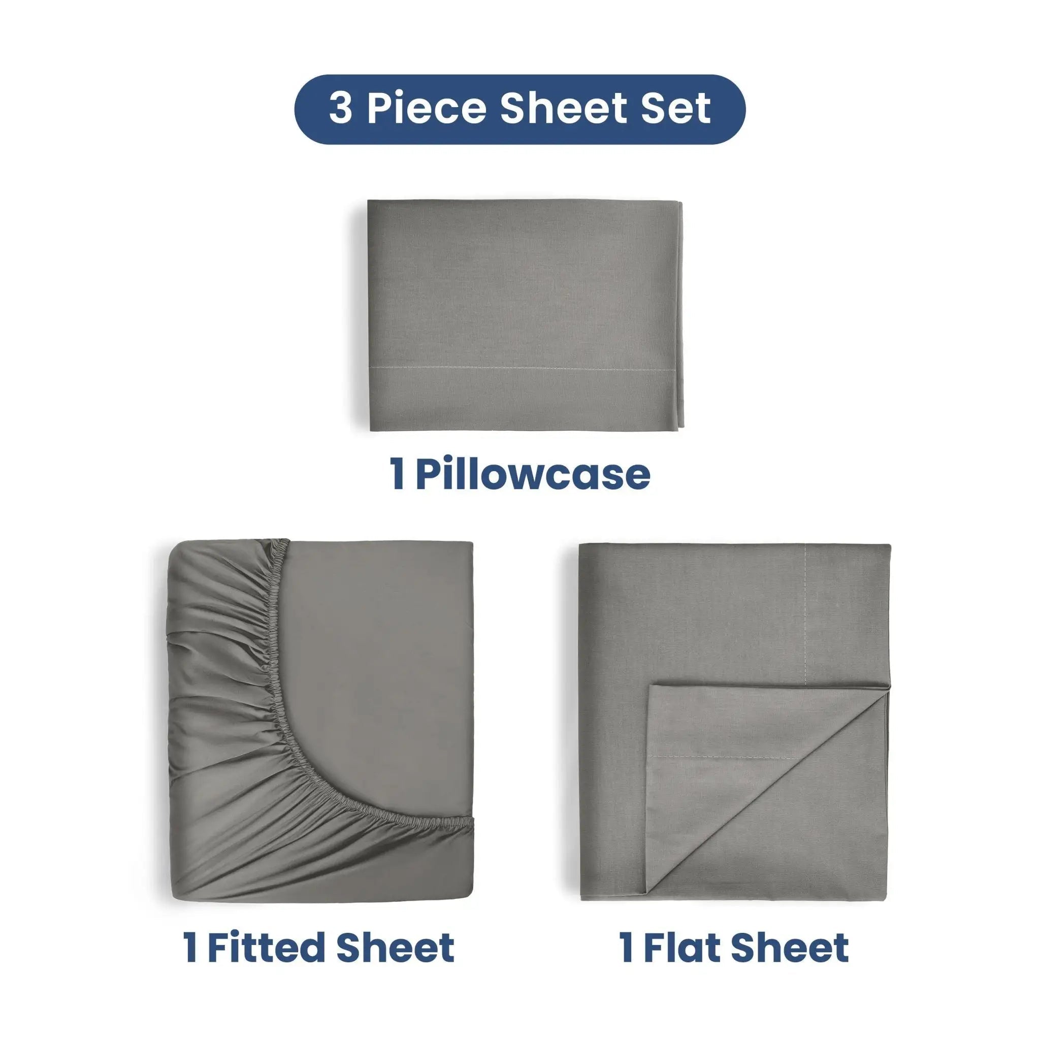 3-piece sheet set with a pillowcase, fitted sheet, and flat sheet on a white background.