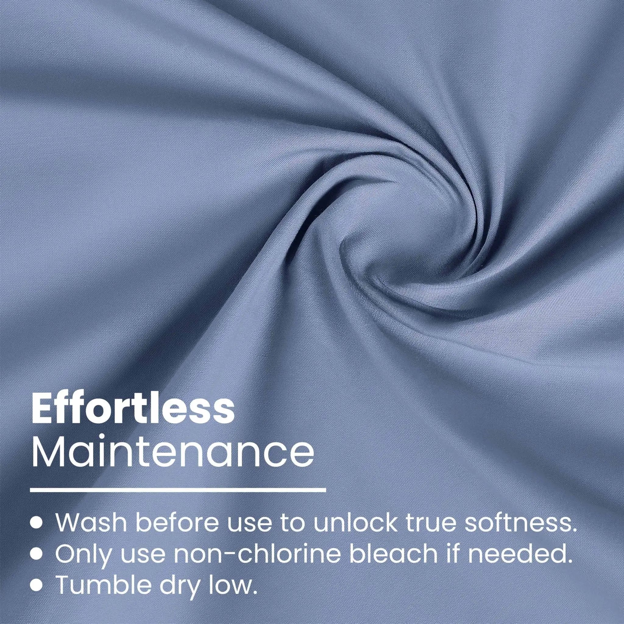 Blue fabric with care instructions text overlay