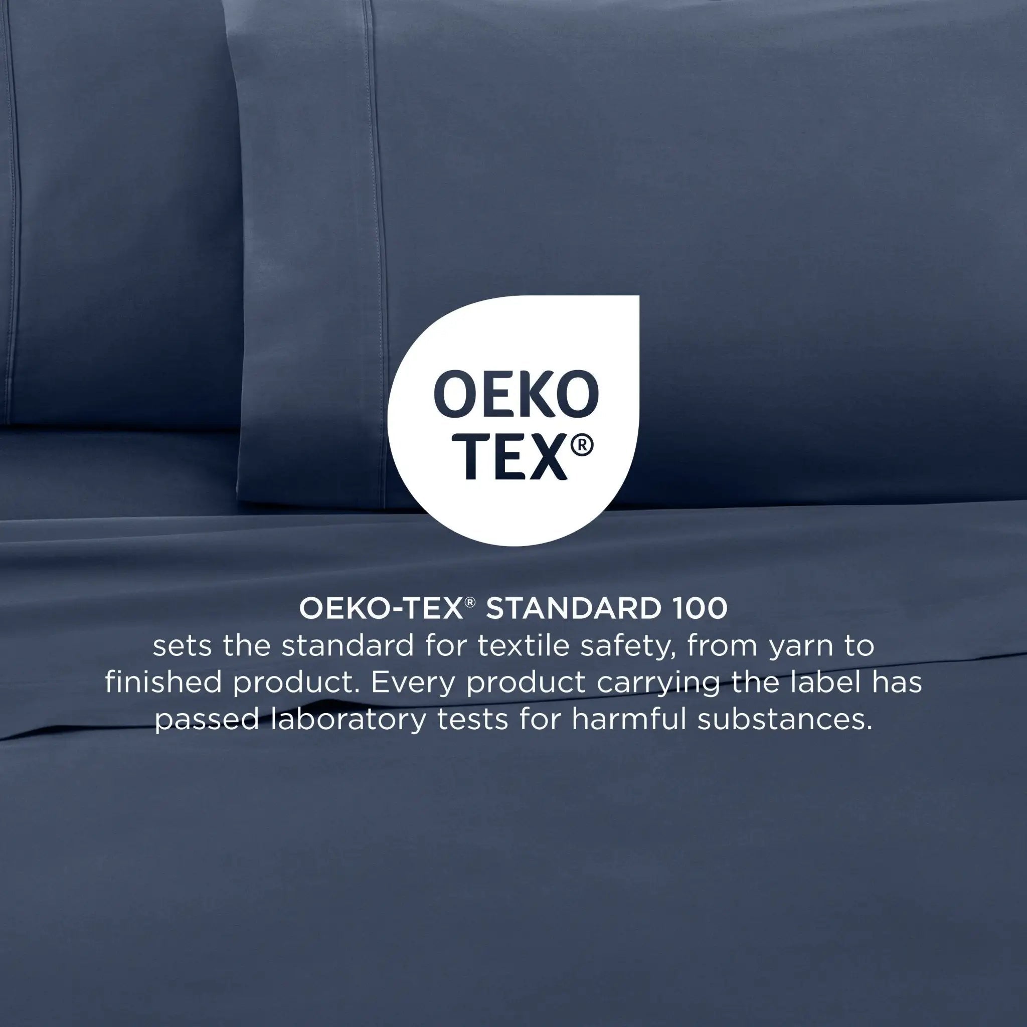 Blue bedding fabric with a pillowcase and sheet, featuring a white OEKO-TEX certification logo and text overlay in the center.