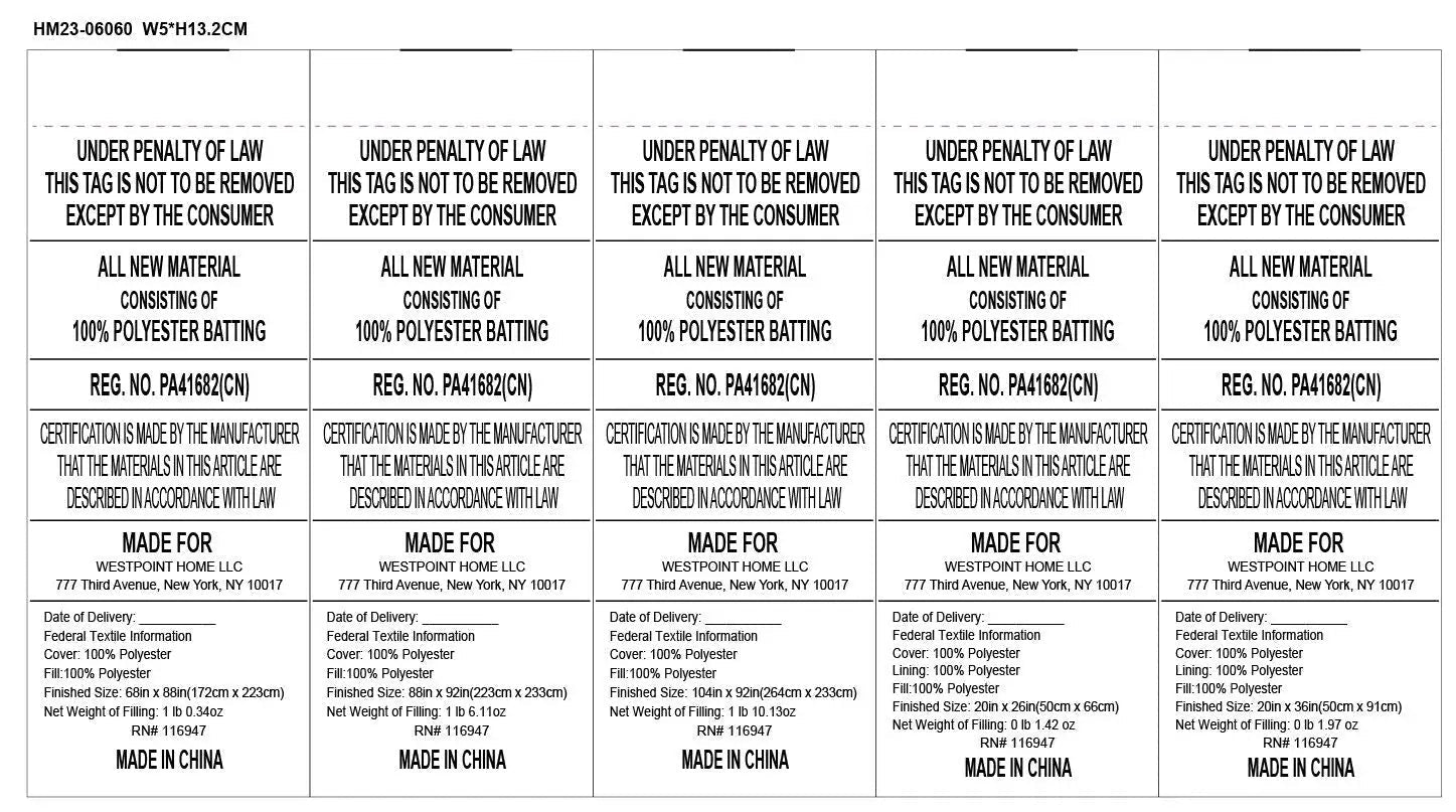 Text label for cotton batting with certification details and manufacturing information.