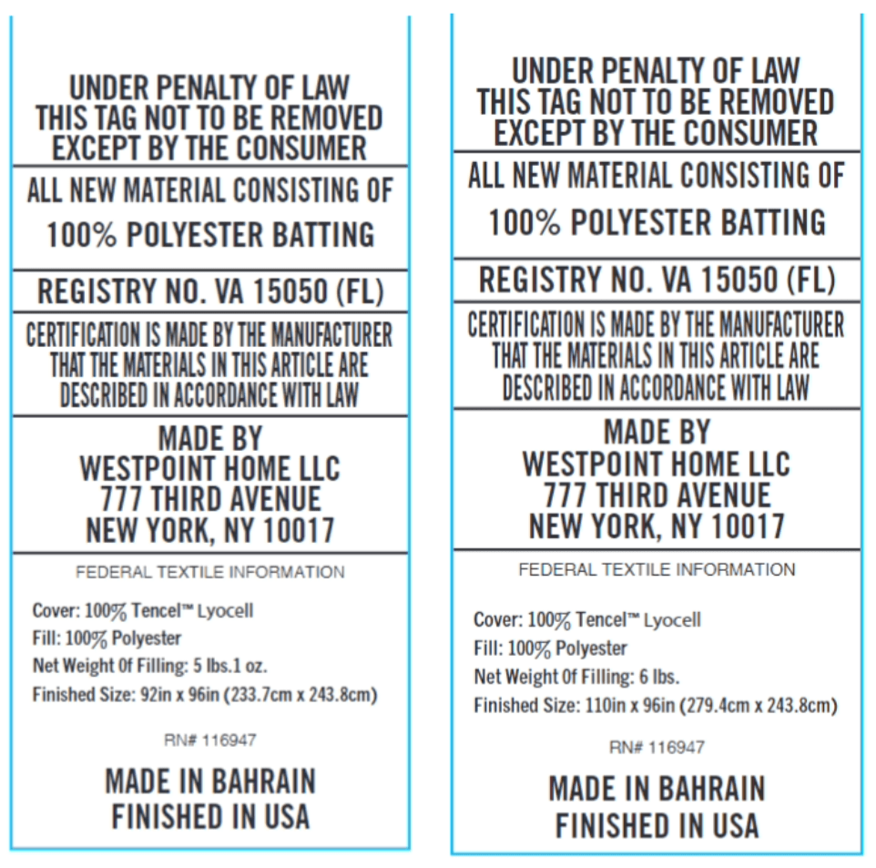 Two identical product labels with text and branding information on a blue background.