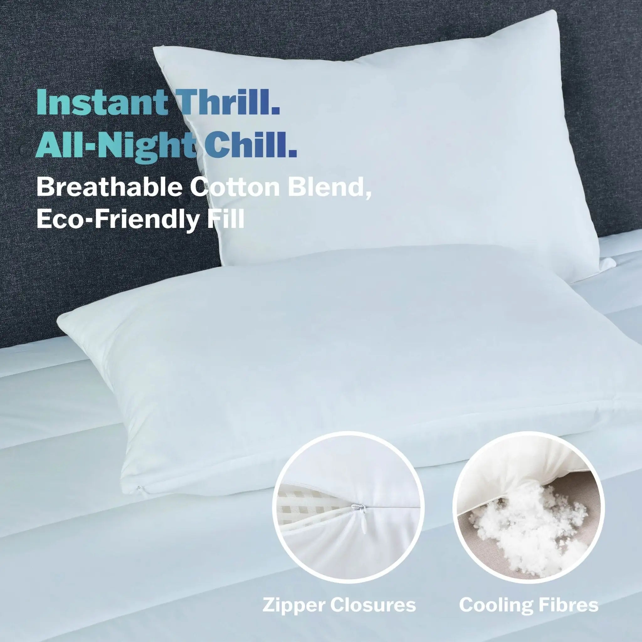 White pillows on a bed with text highlighting features like breathable cotton blend and eco-friendly fill.