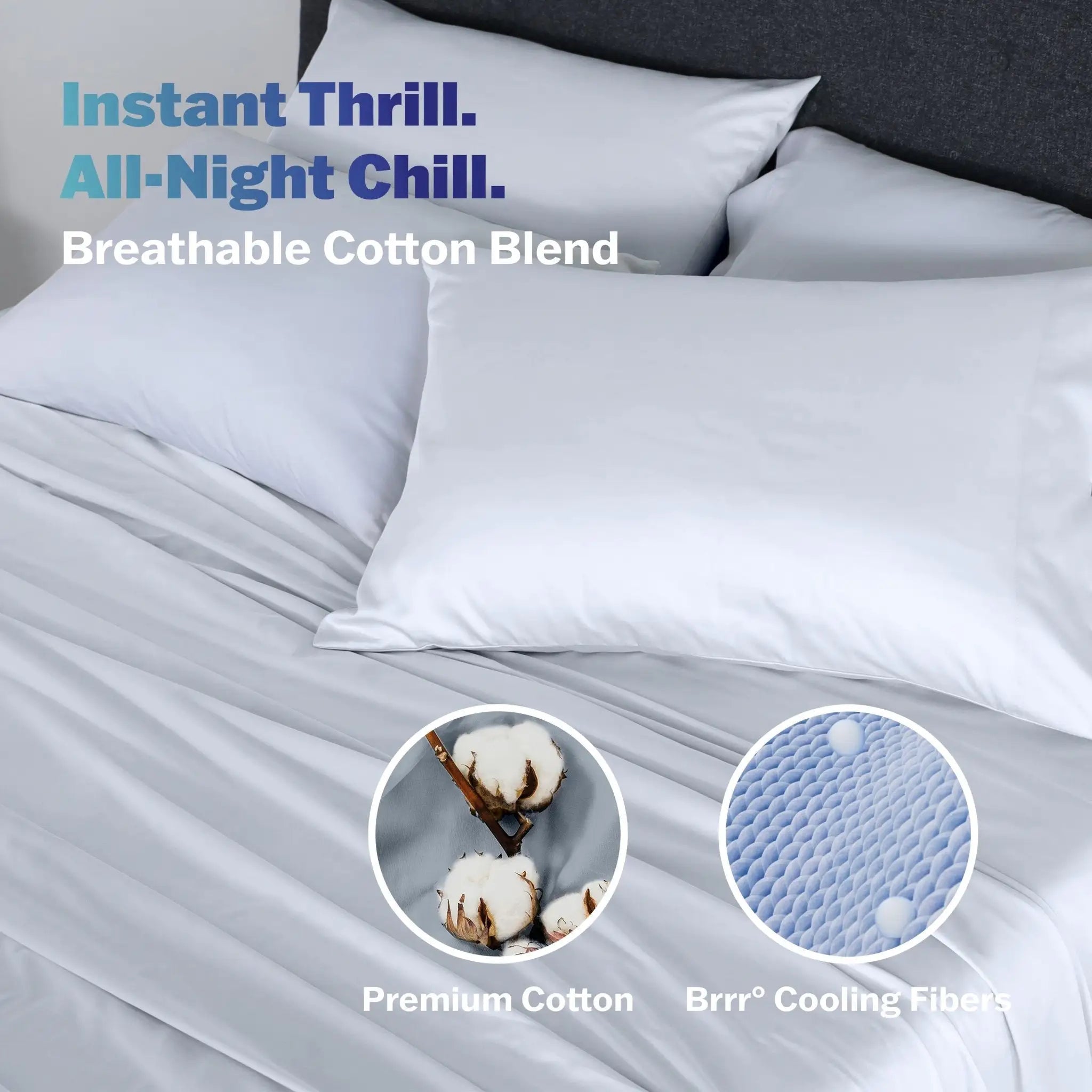 White bedding set on a bed with pillowcases, featuring promotional text 'Instant Thrill. All-Night Chill.