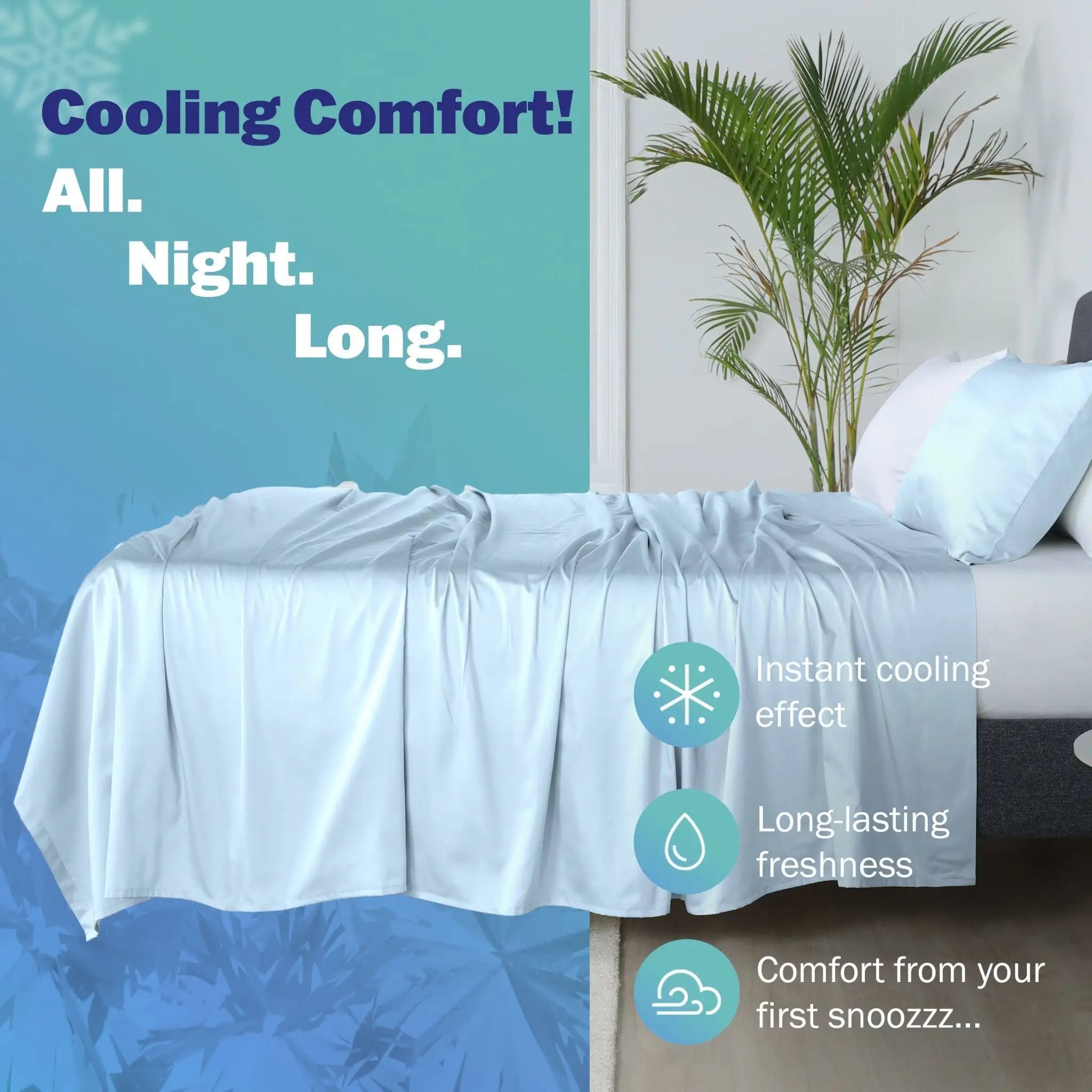 Bed with cooling comfort blanket and text highlighting features