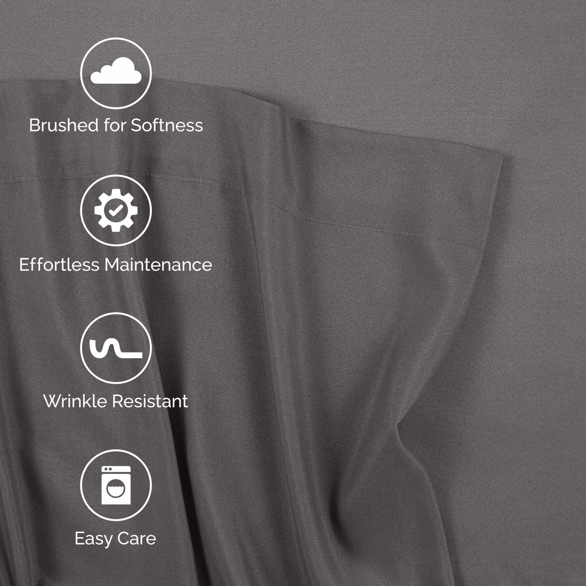 Gray fabric with text and icons indicating features like 'Brushed for Softness', 'Effortless Maintenance', 'Wrinkle Resistant', and 'Easy Care'.