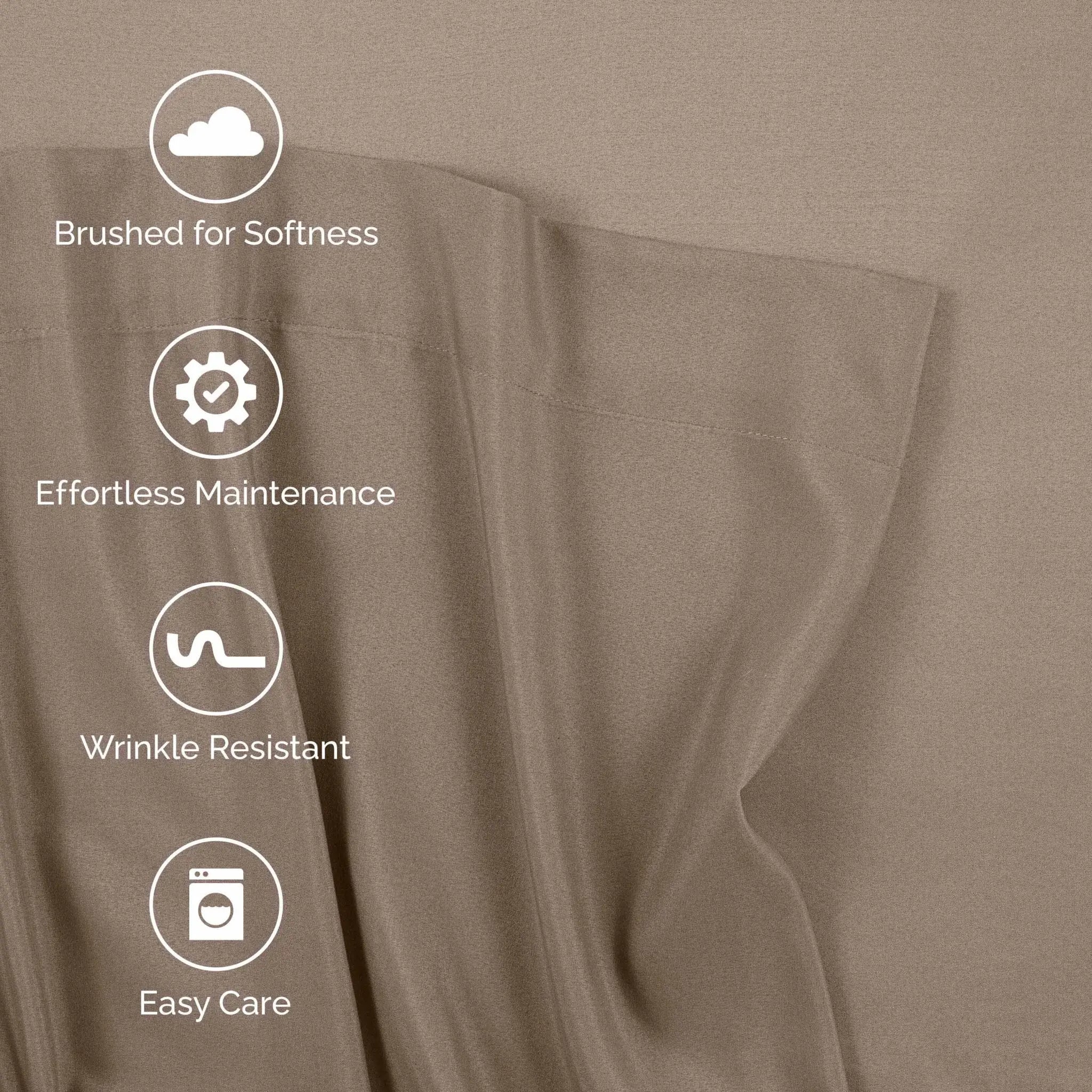 Close-up of beige fabric with four white feature icons and text reading 'Brushed for Softness,' 'Effortless Maintenance,' 'Wrinkle Resistant,' and 'Easy Care.'.