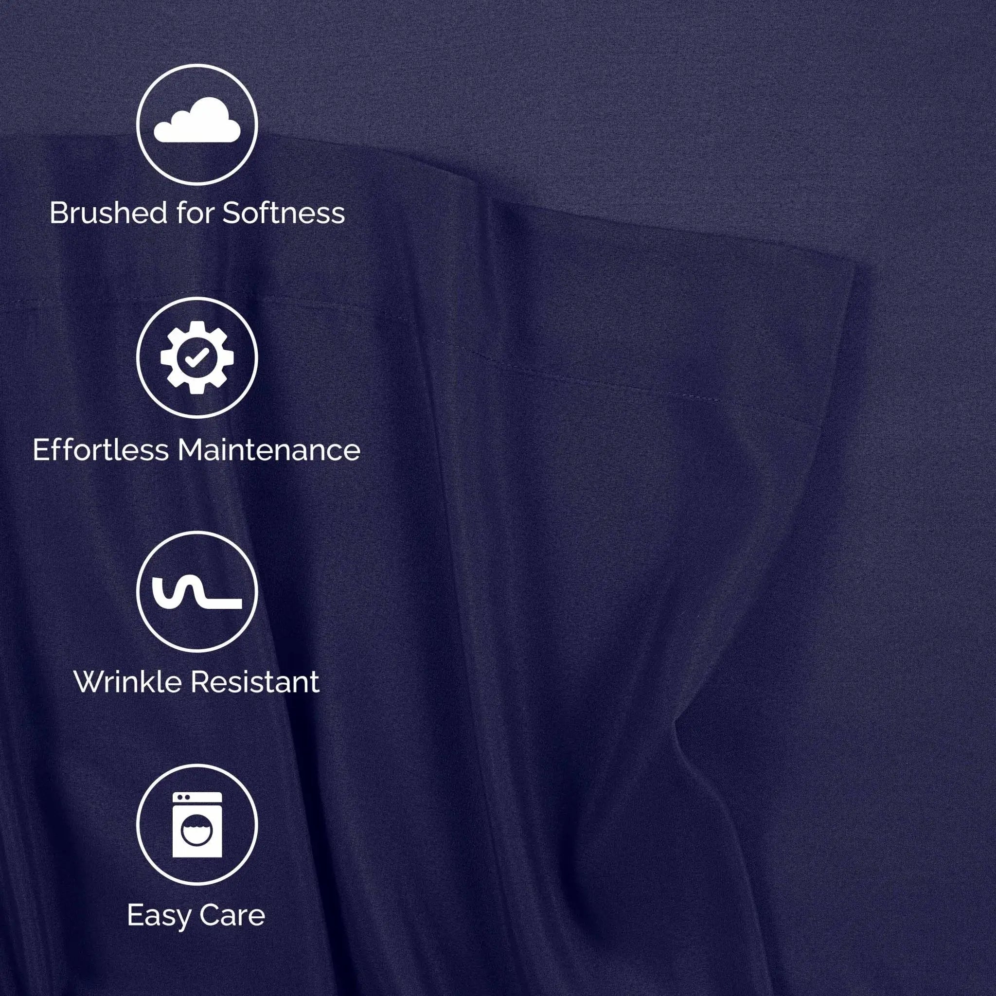 Navy fabric with white text and icons highlighting features: 'Brushed for Softness,' 'Effortless Maintenance,' 'Wrinkle Resistant,' and 'Easy Care.'.