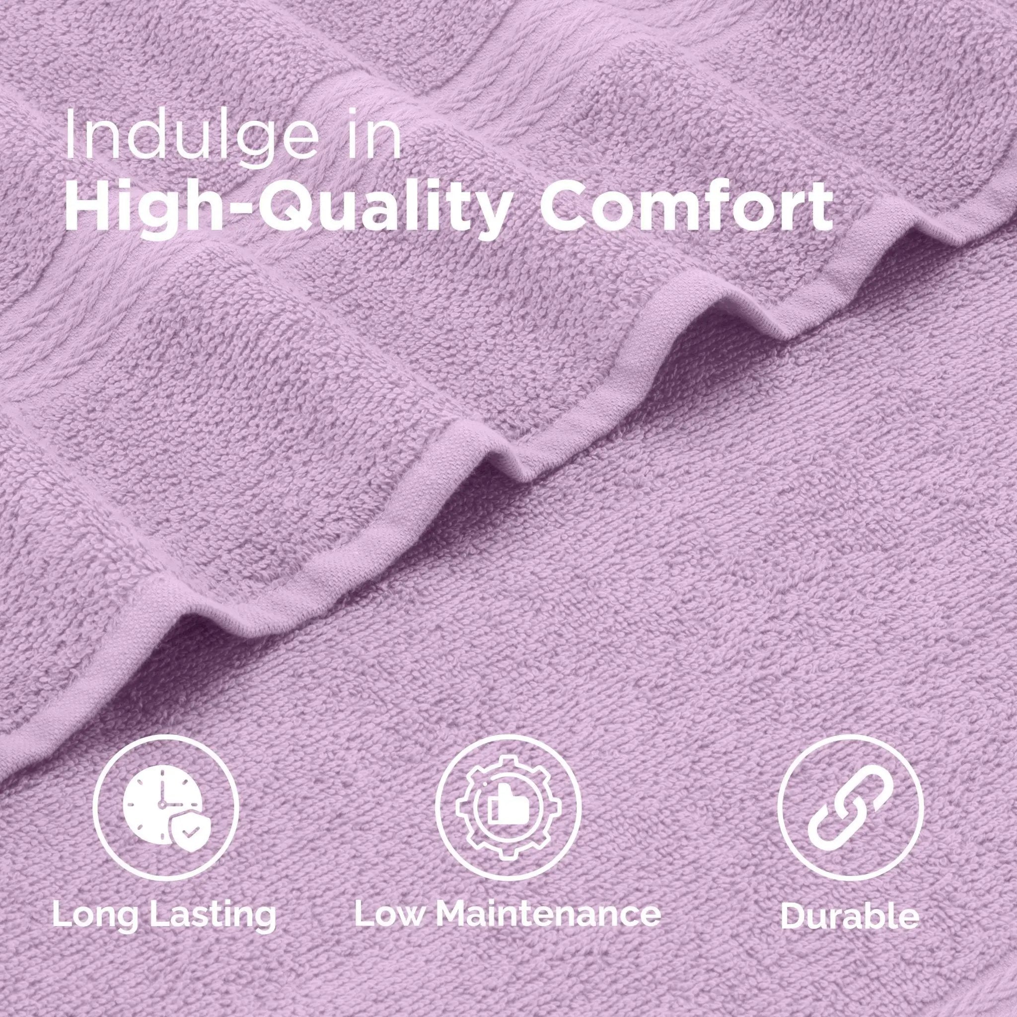 Lilac textured fabric with 'Indulge in High-Quality Comfort' text and icons indicating long-lasting, low-maintenance, and durable properties.