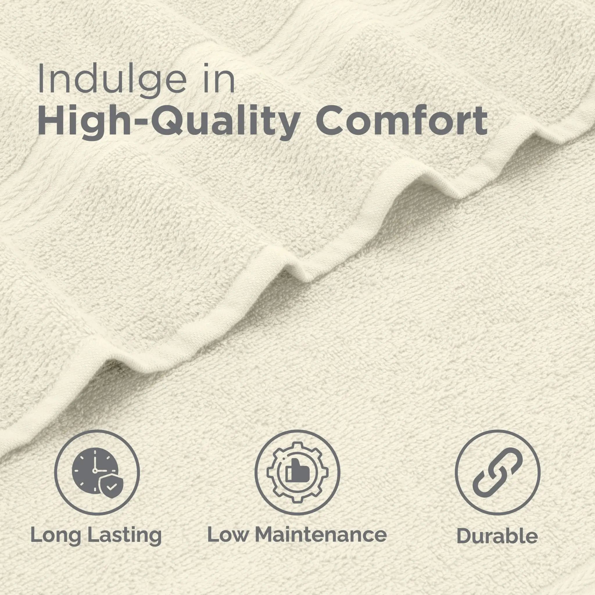 Text 'Indulge in High-Quality Comfort' with icons and text 'Long Lasting', 'Low Maintenance', 'Durable' on a textured ivory background.