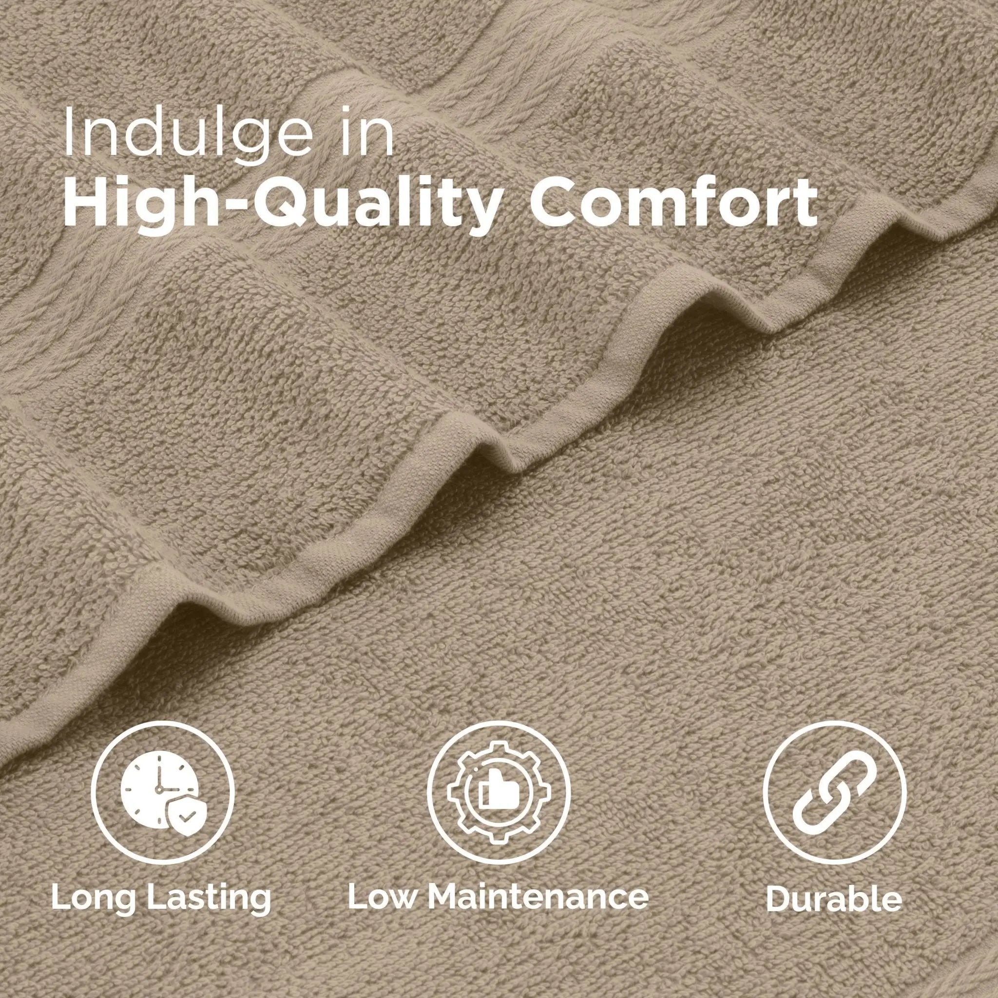 Close-up of a soft beige textured fabric with a folded ruffled edge and overlaid text reading 'Indulge in High-Quality Comfort' plus icons for long lasting, low maintenance, and durable.