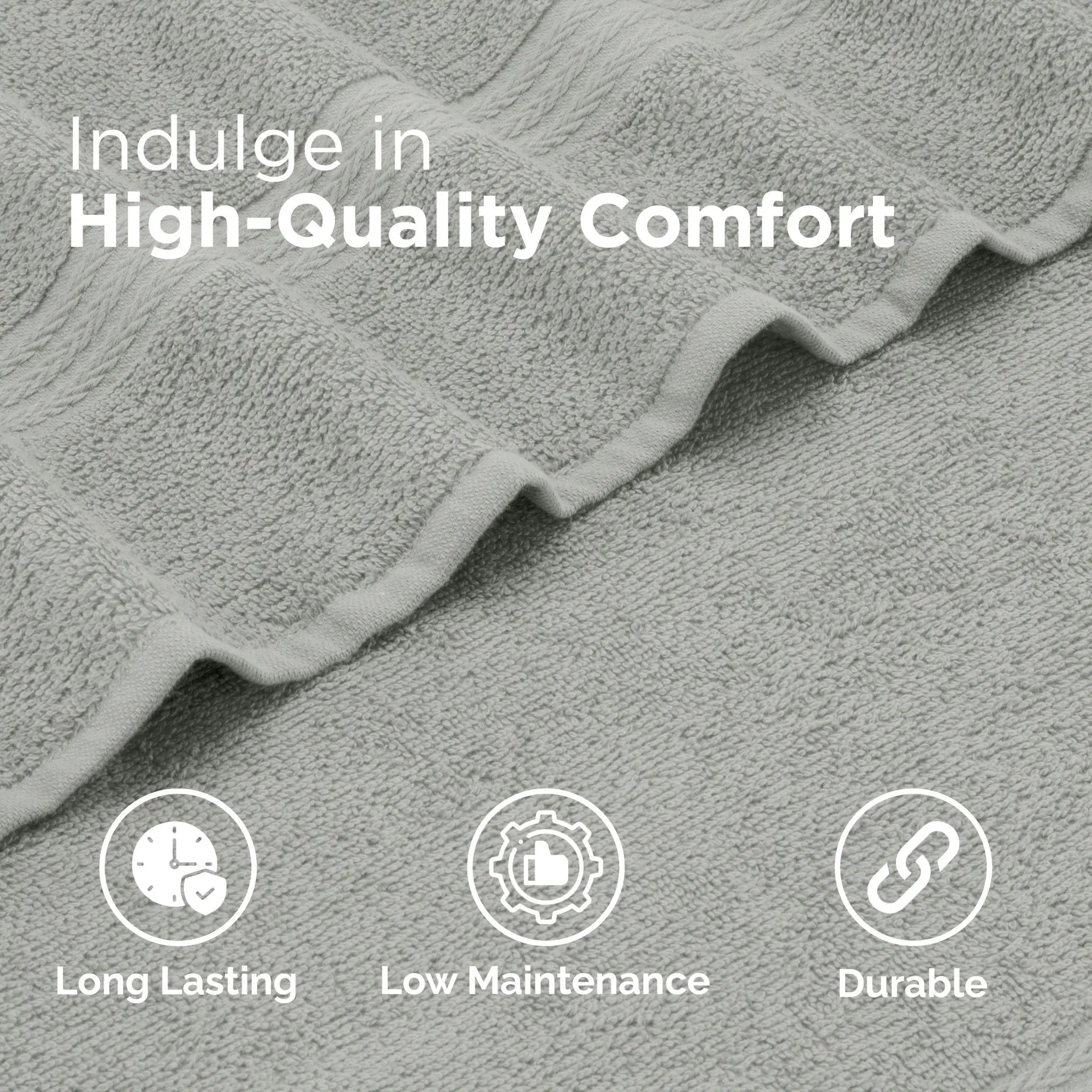 Gray textured fabric with 'Indulge in High-Quality Comfort' text and icons for long-lasting, low-maintenance, and durable properties.