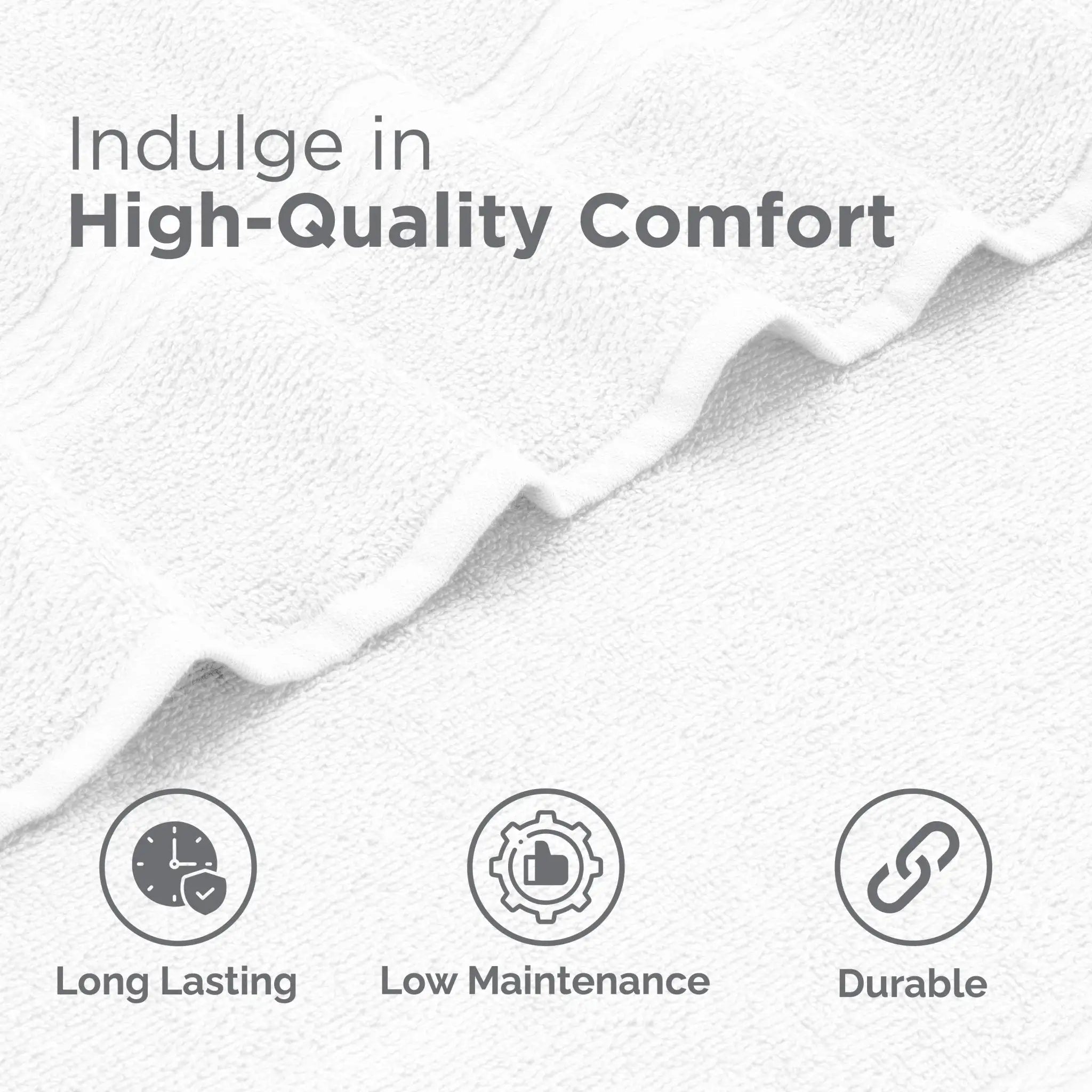 A close-up of a white textured fabric with a folded section showing its soft, plush surface. The text reads 'Indulge in High-Quality Comfort' with three icons below highlighting features: 'Long Lasting', 'Low Maintenance', and 'Durable'.
