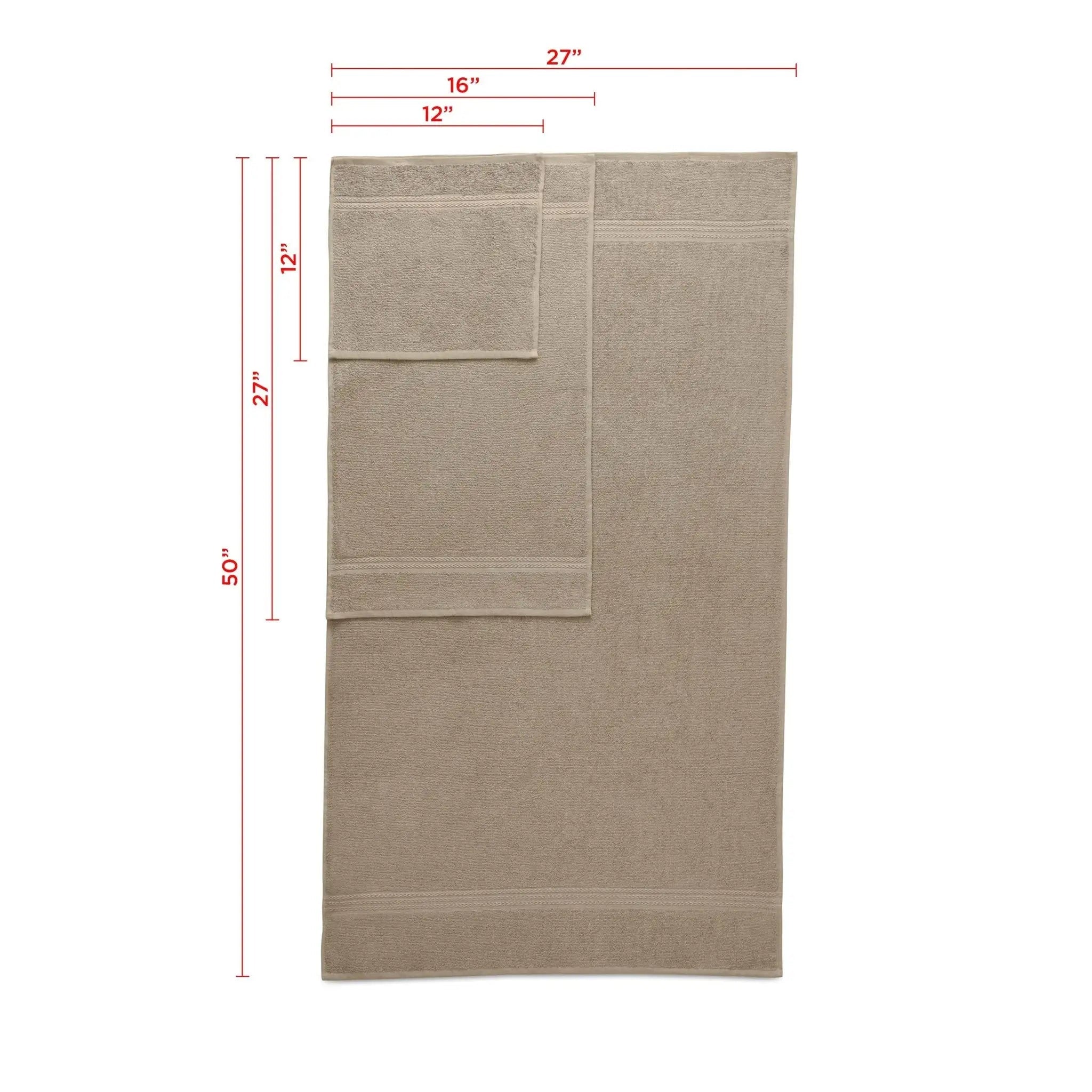A beige towel set with dimension lines and red measurements.