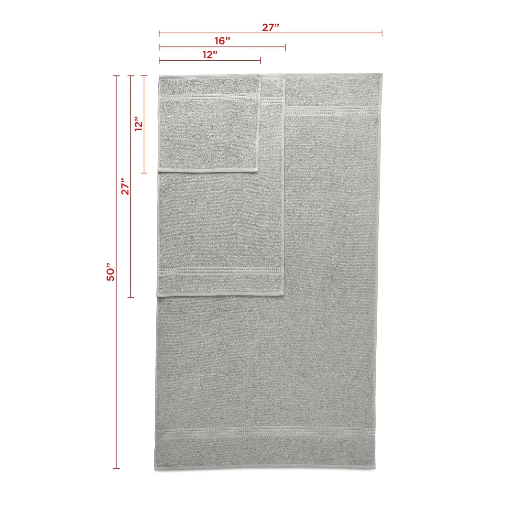 A gray towel set with dimension lines and measurements showing the sizes of two towel types on a white background.