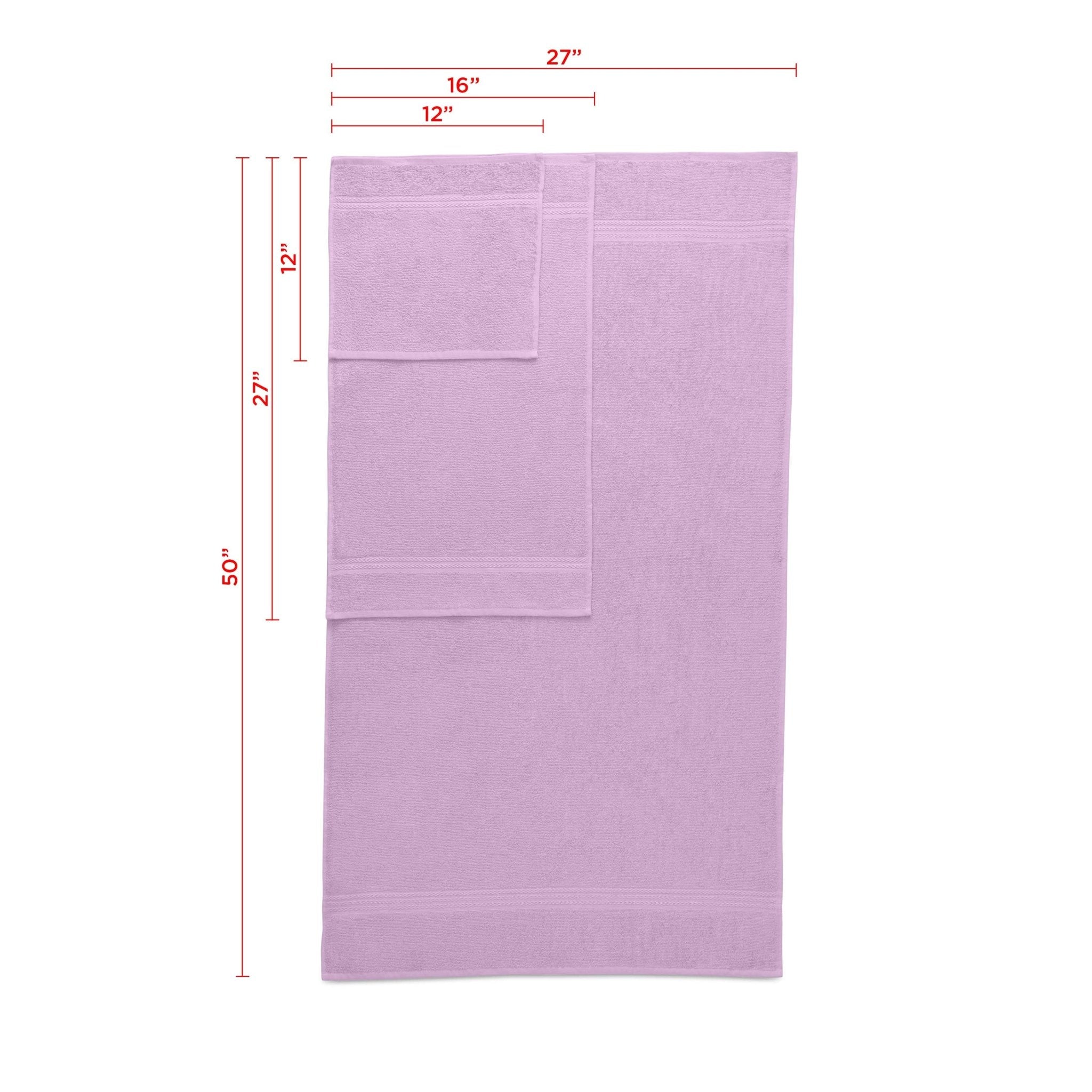 Lilac towel with dimensions marked on a white background