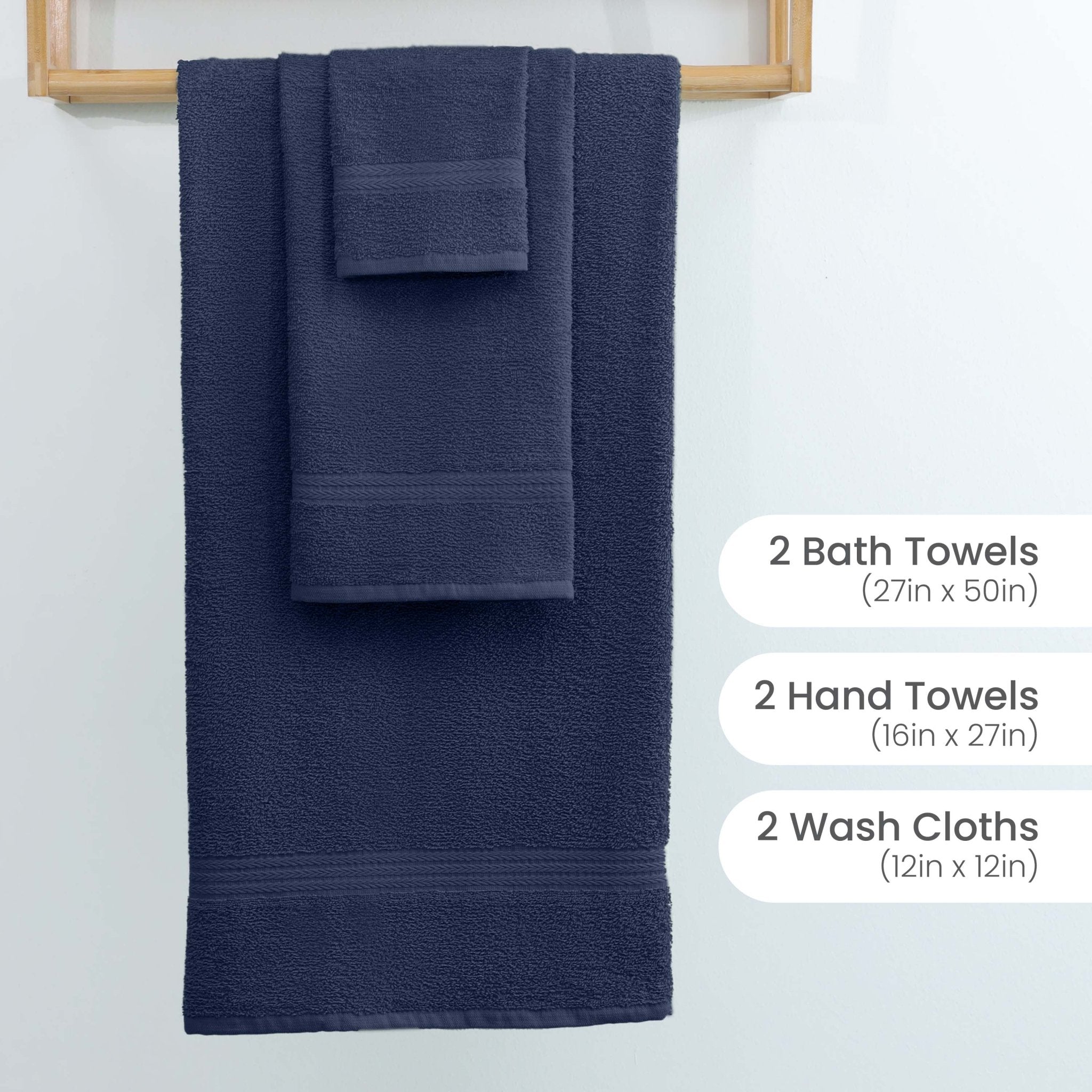Set of navy blue bath towels, hand towels, and wash cloths on a wooden rack with dimensions displayed.