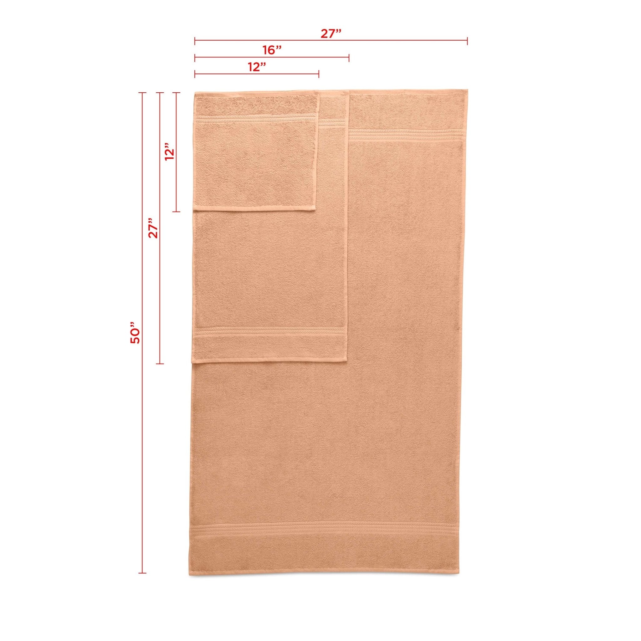 Peach towel set with dimensions labeled on a white background