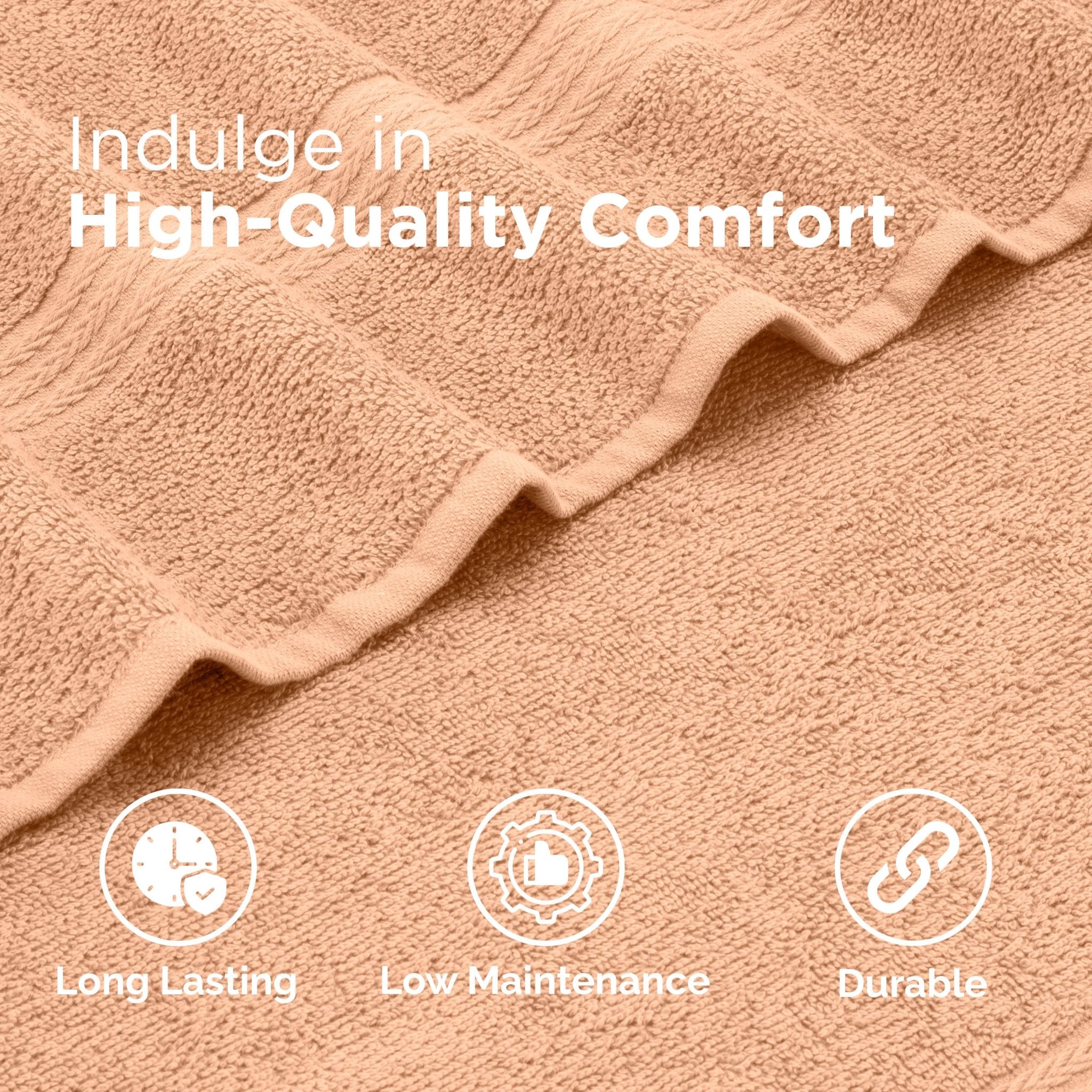 Close-up of a textured peach-colored fabric with text 'Indulge in High-Quality Comfort' and icons indicating 'Long Lasting', 'Low Maintenance', and 'Durable'.