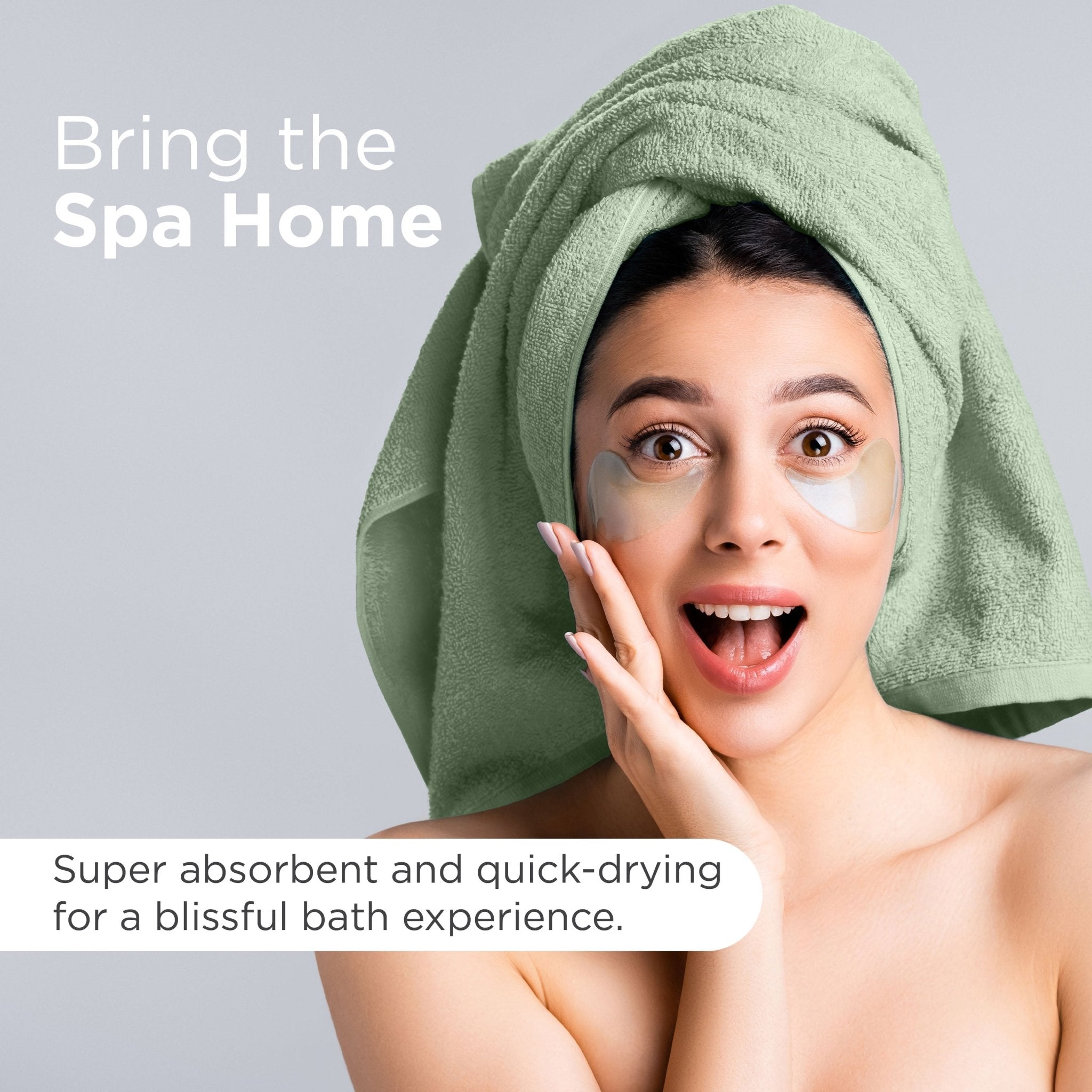 Woman with green towel on head and eye masks, text 'Bring the Spa Home' and product description.