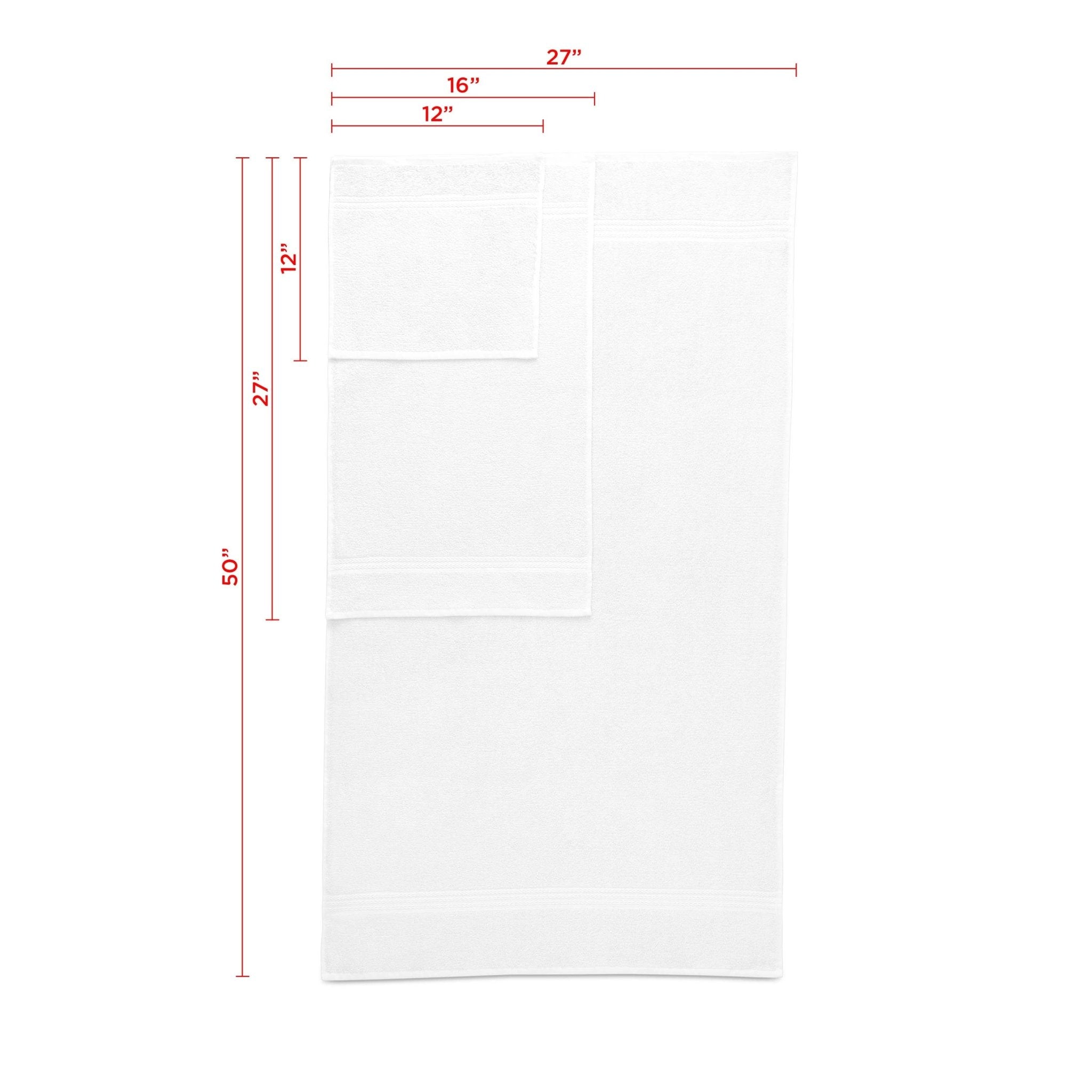 White towel set with dimensions labeled on a white background