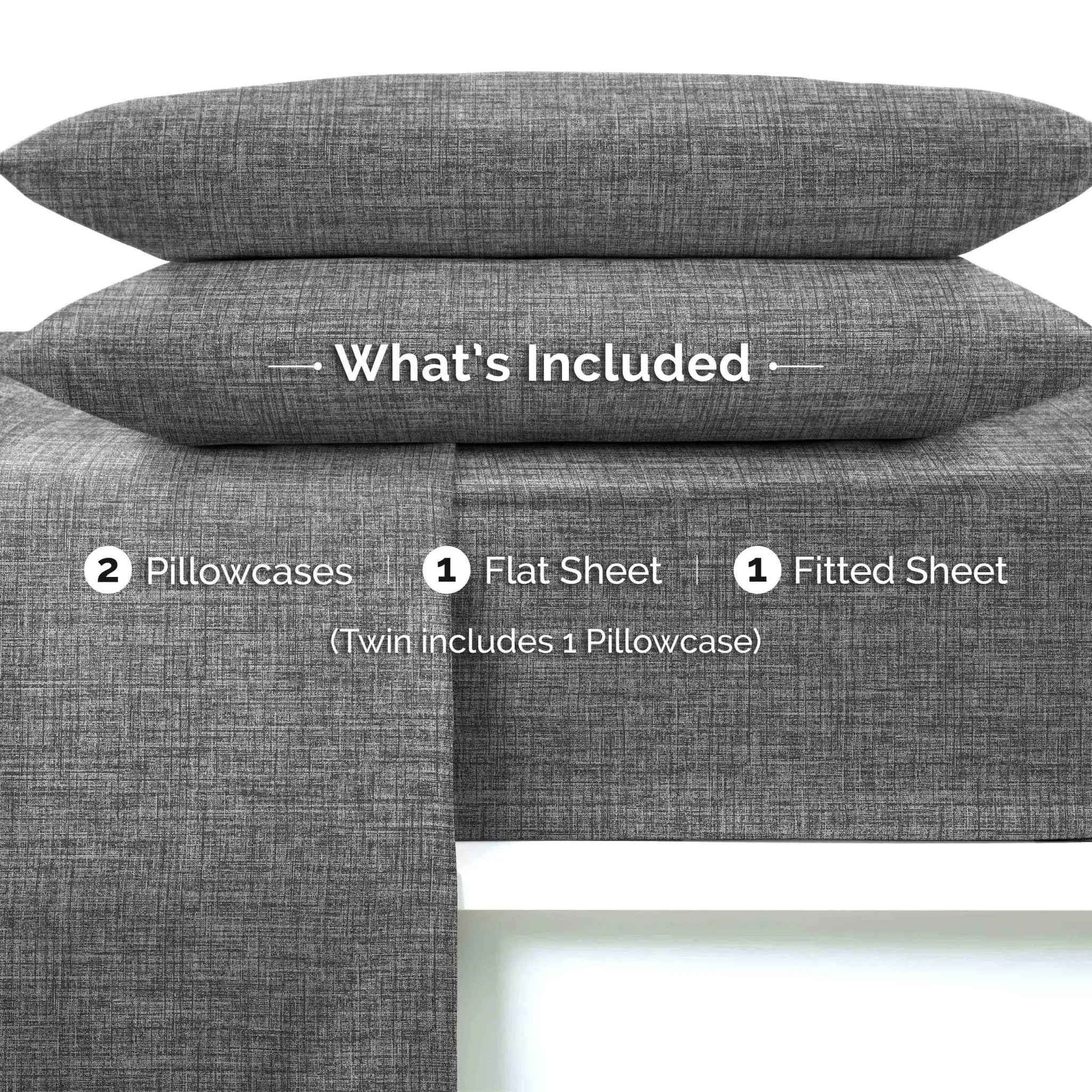 Gray fabric sheet set with pillowcases on a white background