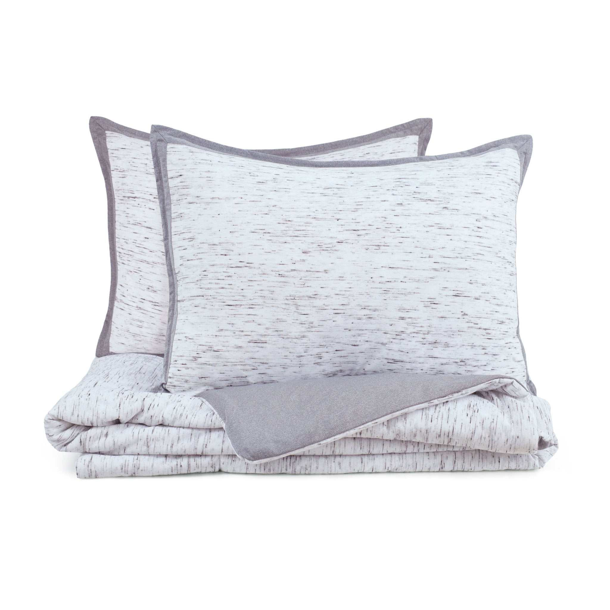 Gray and white textured comforter set on a white background