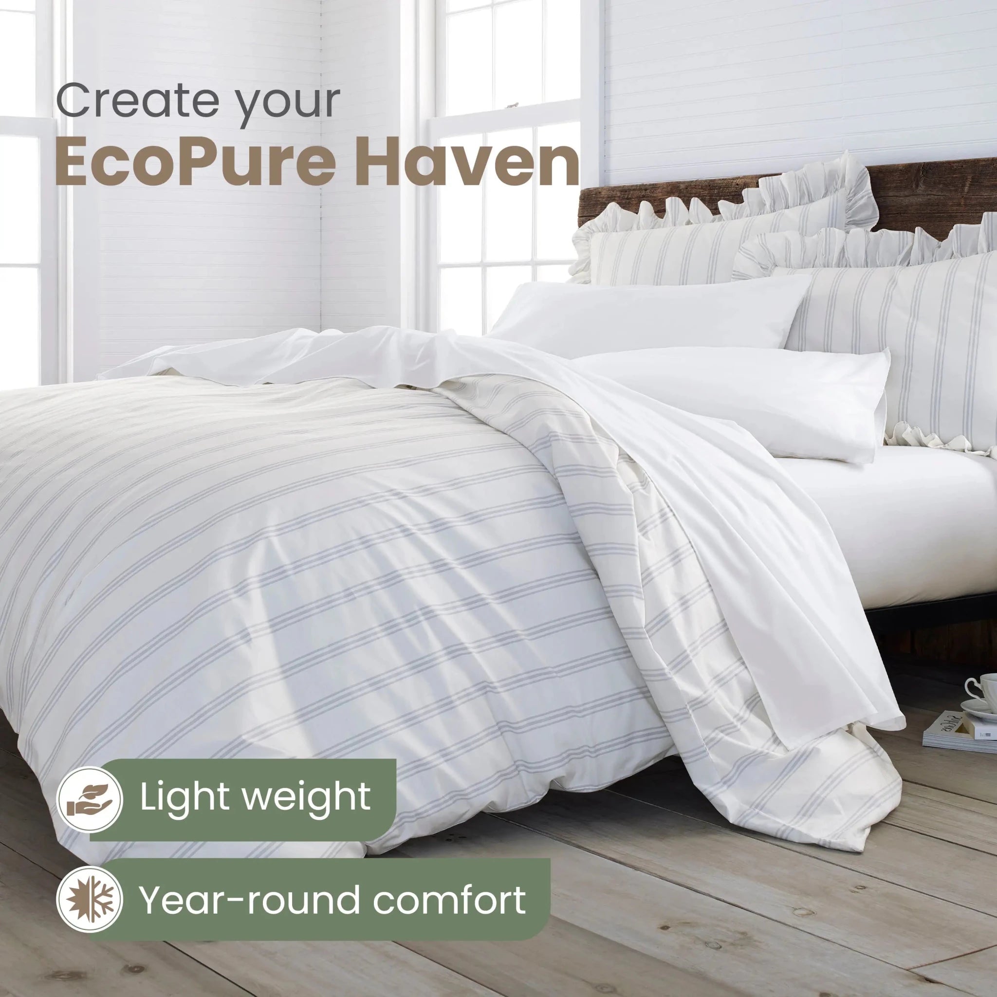 Bed with white striped comforter set and text 'Create your EcoPure Haven' in a bright bedroom.