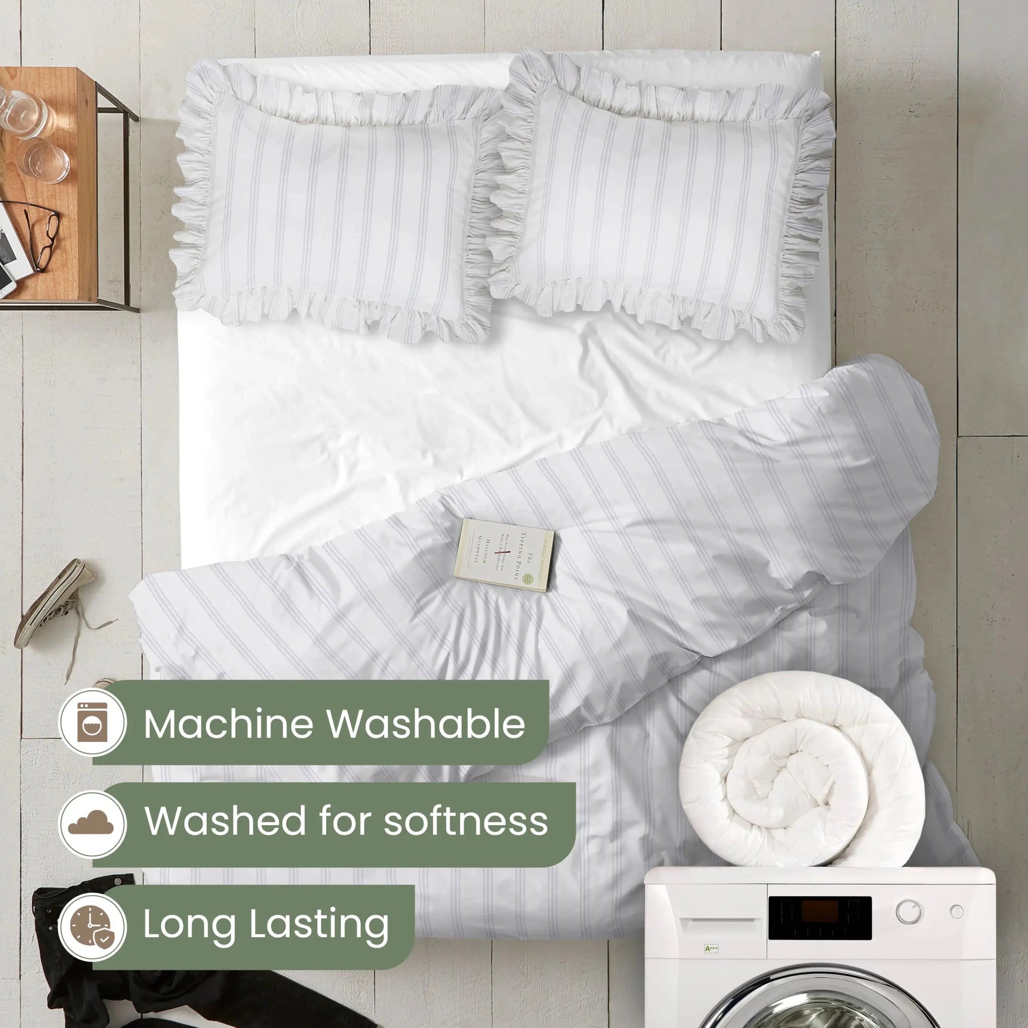 White striped bedding set with ruffled pillowcases styled on a bed in a bedroom scene. Text overlays mention machine washability, softness after washing, and longevity.