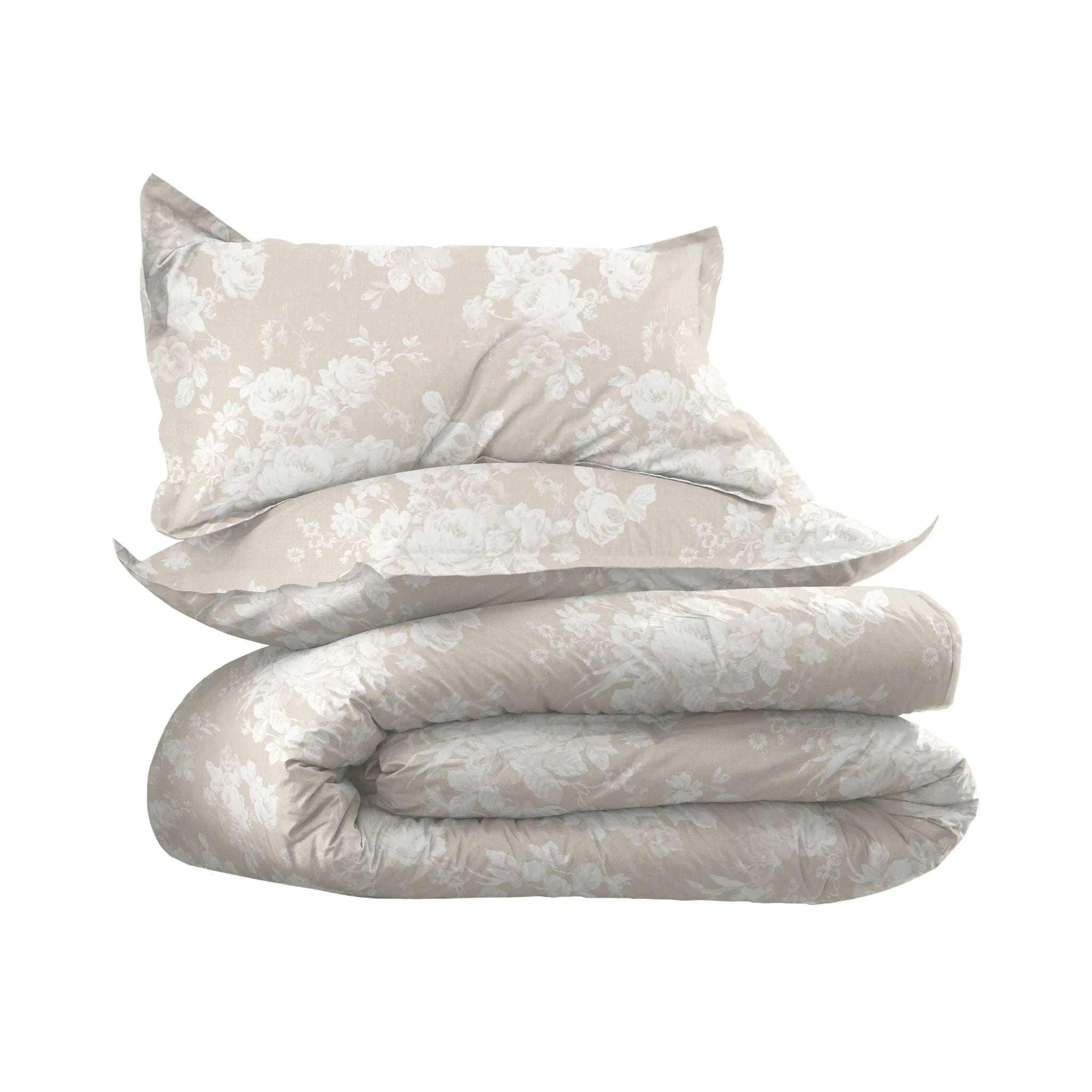 Floral patterned bedding set with two pillows on a white background